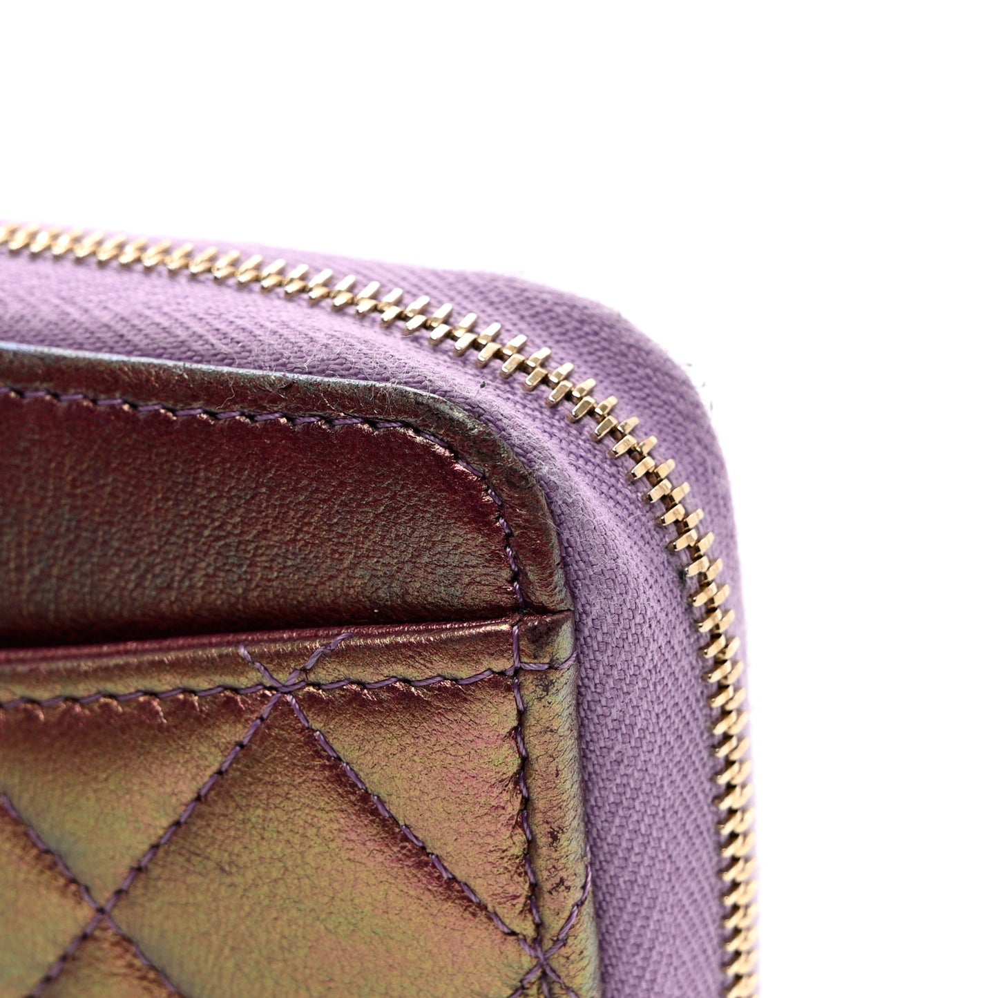 Iridescent Lambskin Quilted Large Gusset Zip Around Wallet Purple