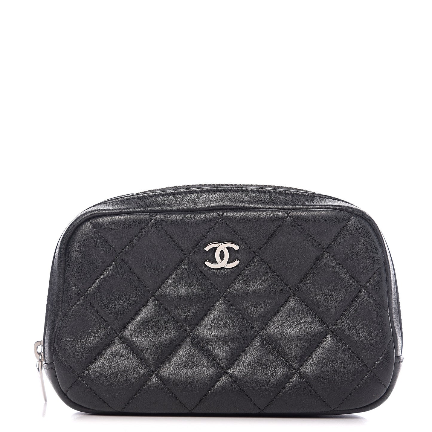 Lambskin Quilted Small Curvy Pouch Cosmetic Case Black
