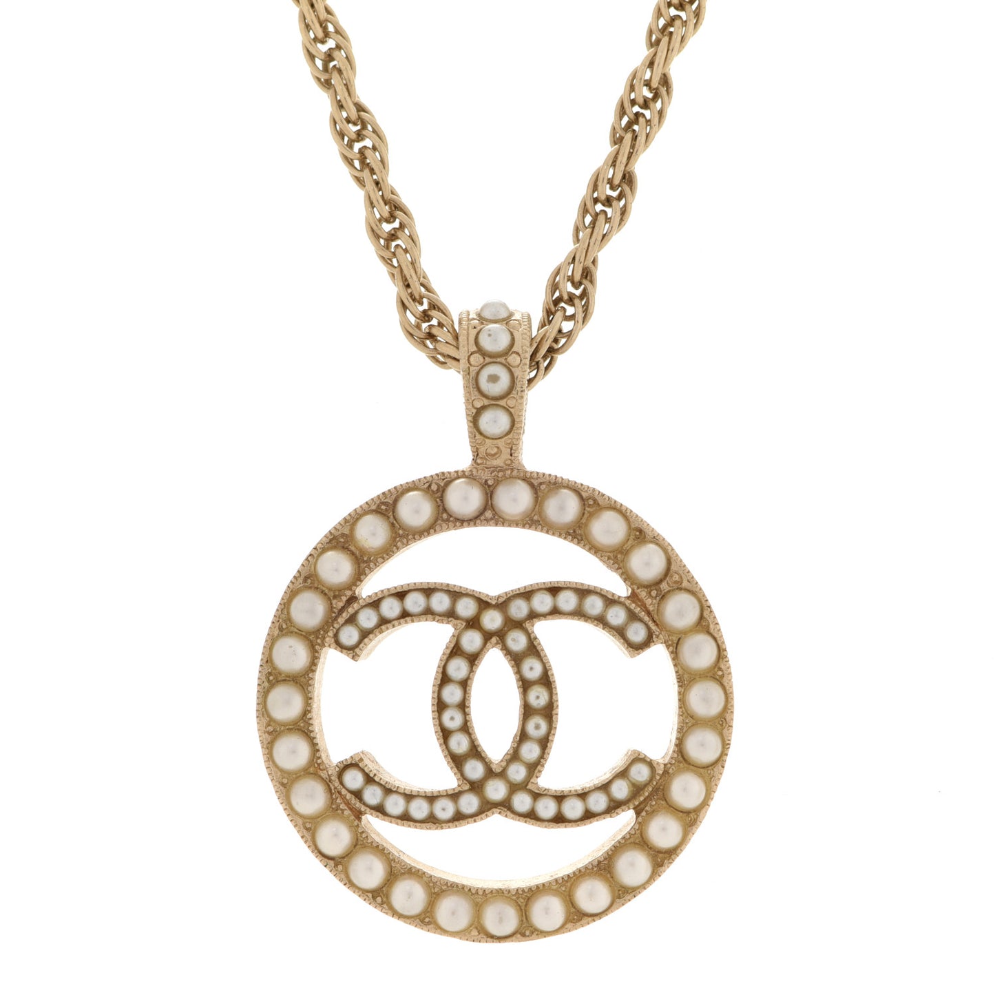 Pearl CC Round Pendant Necklace Gold