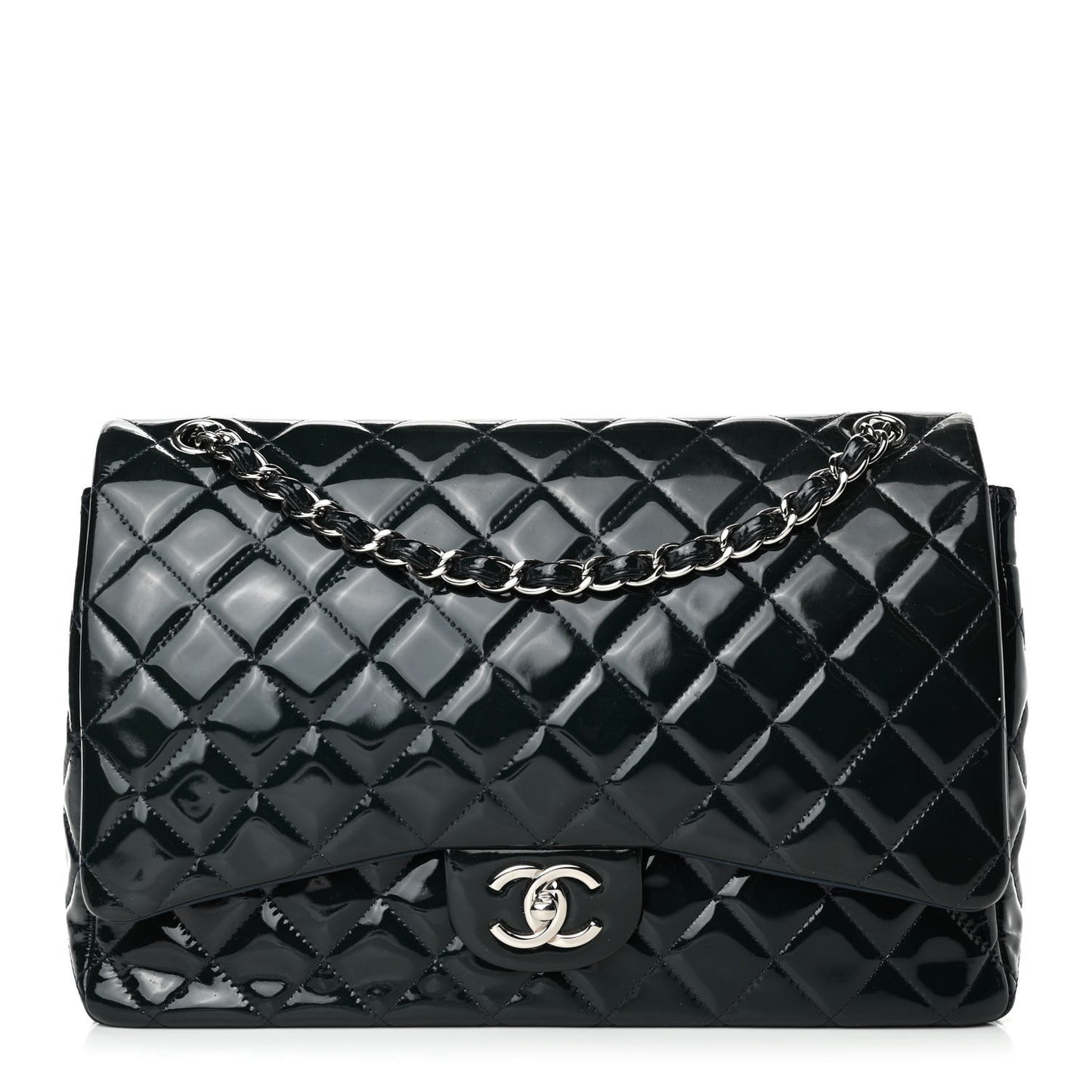 Patent Quilted Maxi Double Flap Navy Blue