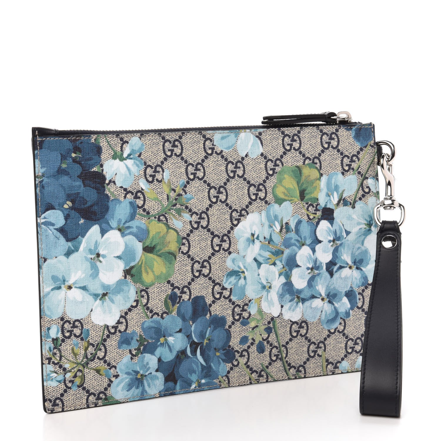 Gucci GG Supreme Monogram Blooms Small Zip Wristlet Pouch Beige Blue Black 3 of 9