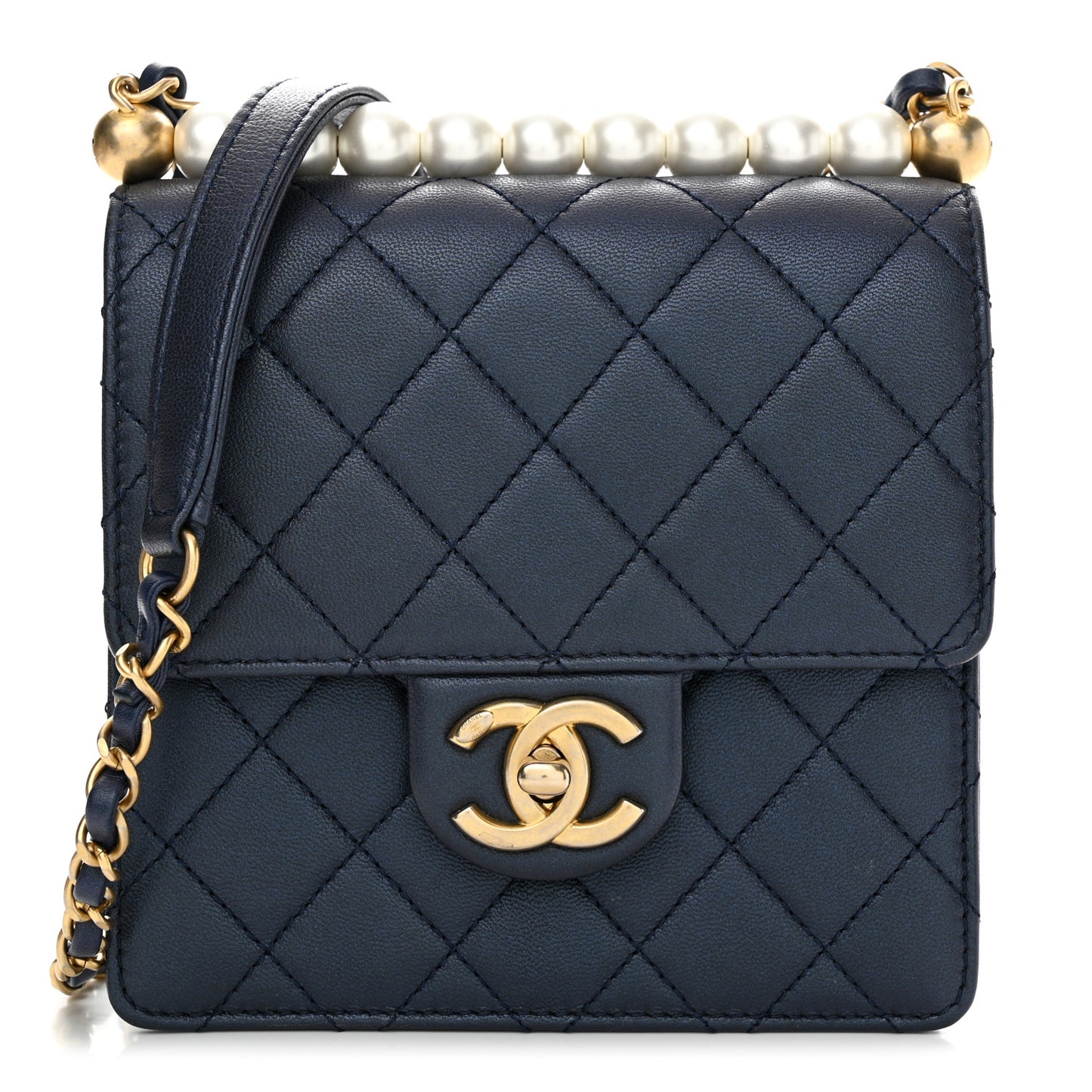 Iridescent Lambskin Quilted Chic Pearls Flap Navy Blue