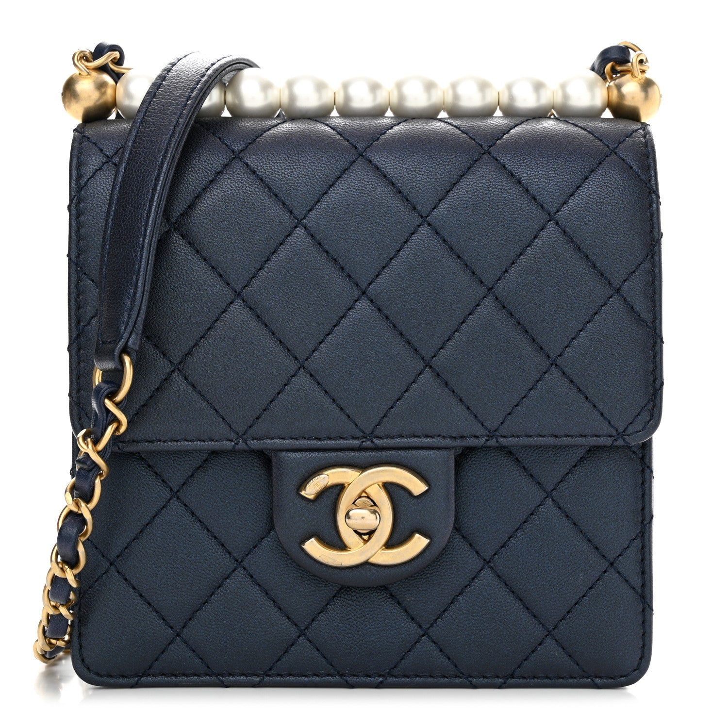 Chanel Iridescent Lambskin Quilted Chic Pearls Flap Navy Blue 1 of 11