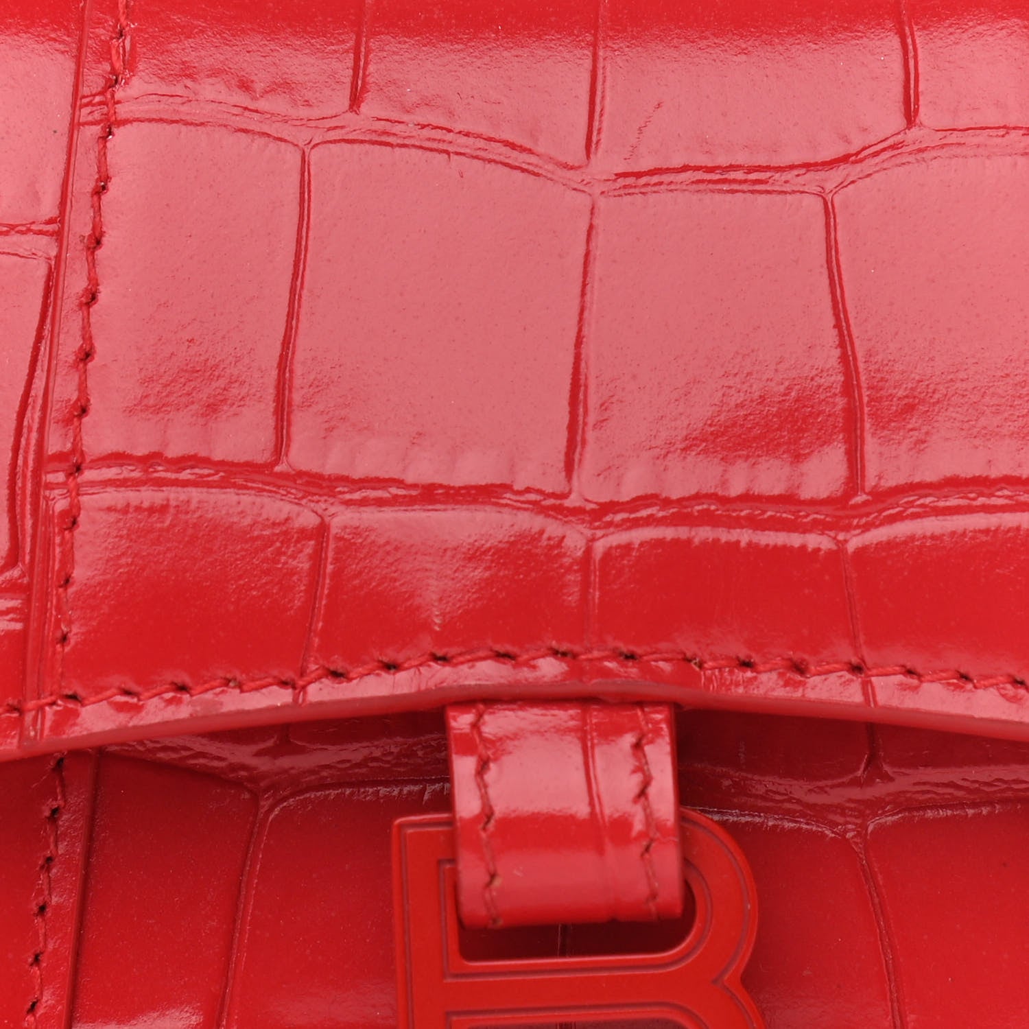 Balenciaga Shiny Calfskin Tonal B Crocodile Embossed Hourglass Top Handle Bag Mini Bright Red 6 of 11