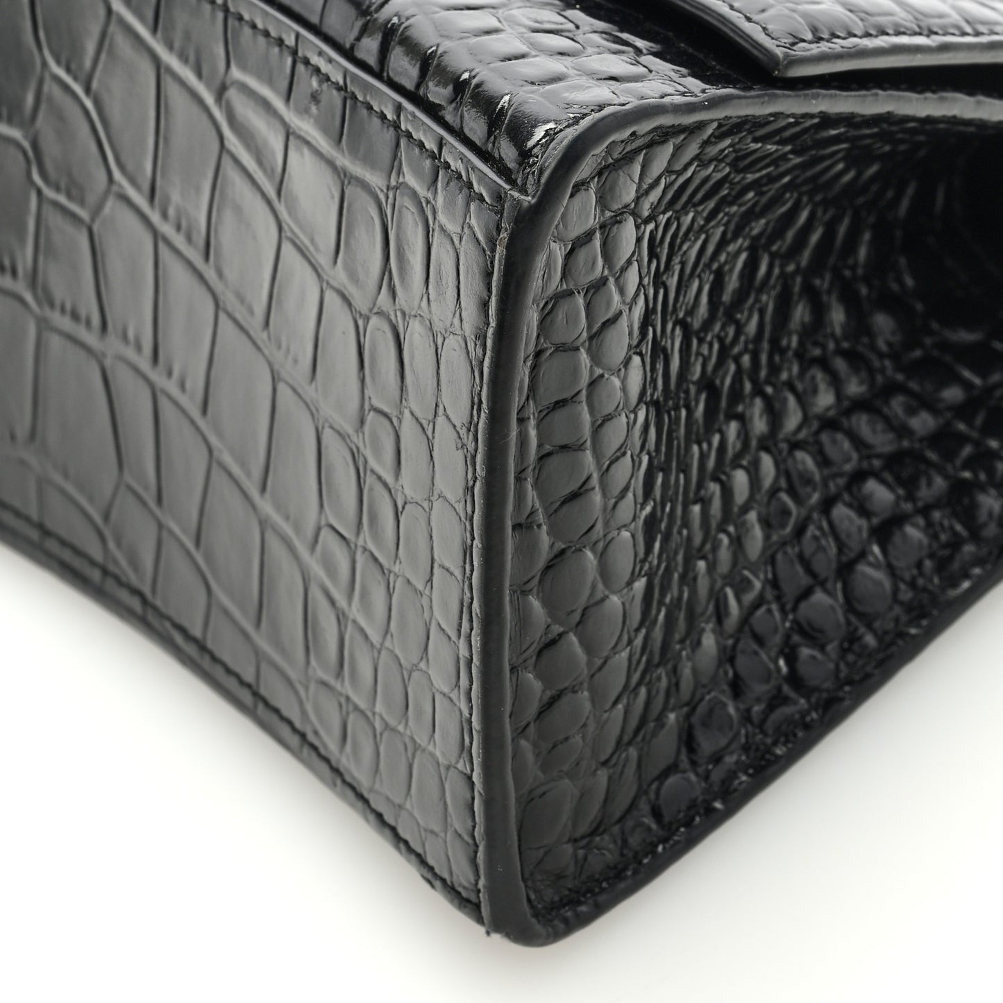 Shiny Calfskin Crocodile Embossed Small Hourglass Top Handle Bag Black