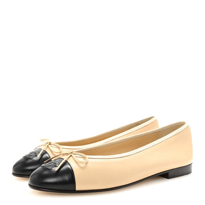 Chanel Lambskin Cap Toe CC Ballerina Flats 39.5 Beige Black 4 of 9
