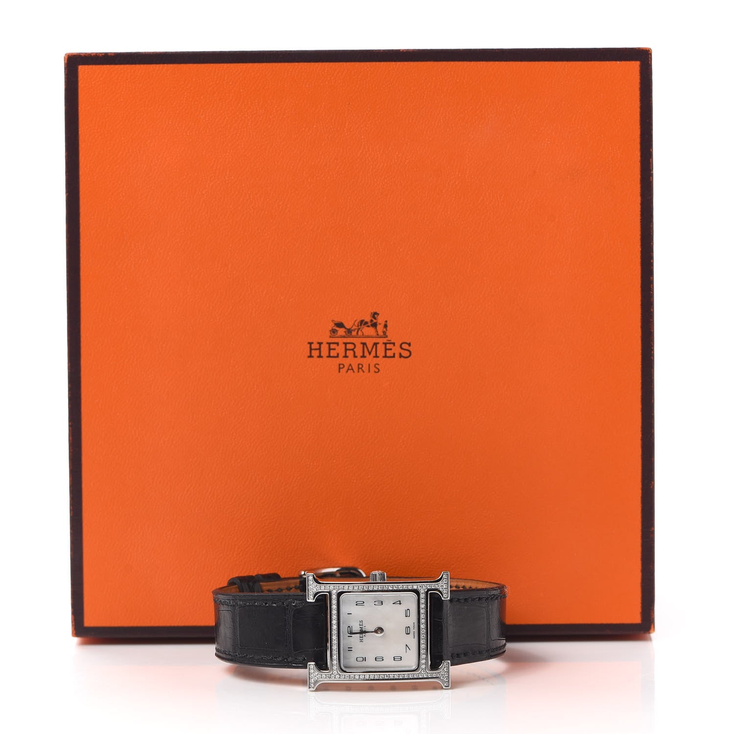 Hermes Stainless Steel Alligator Diamond Bezel Mother of Pearl 21mm Heure H Hour Quartz Watch Noir 5 of 5