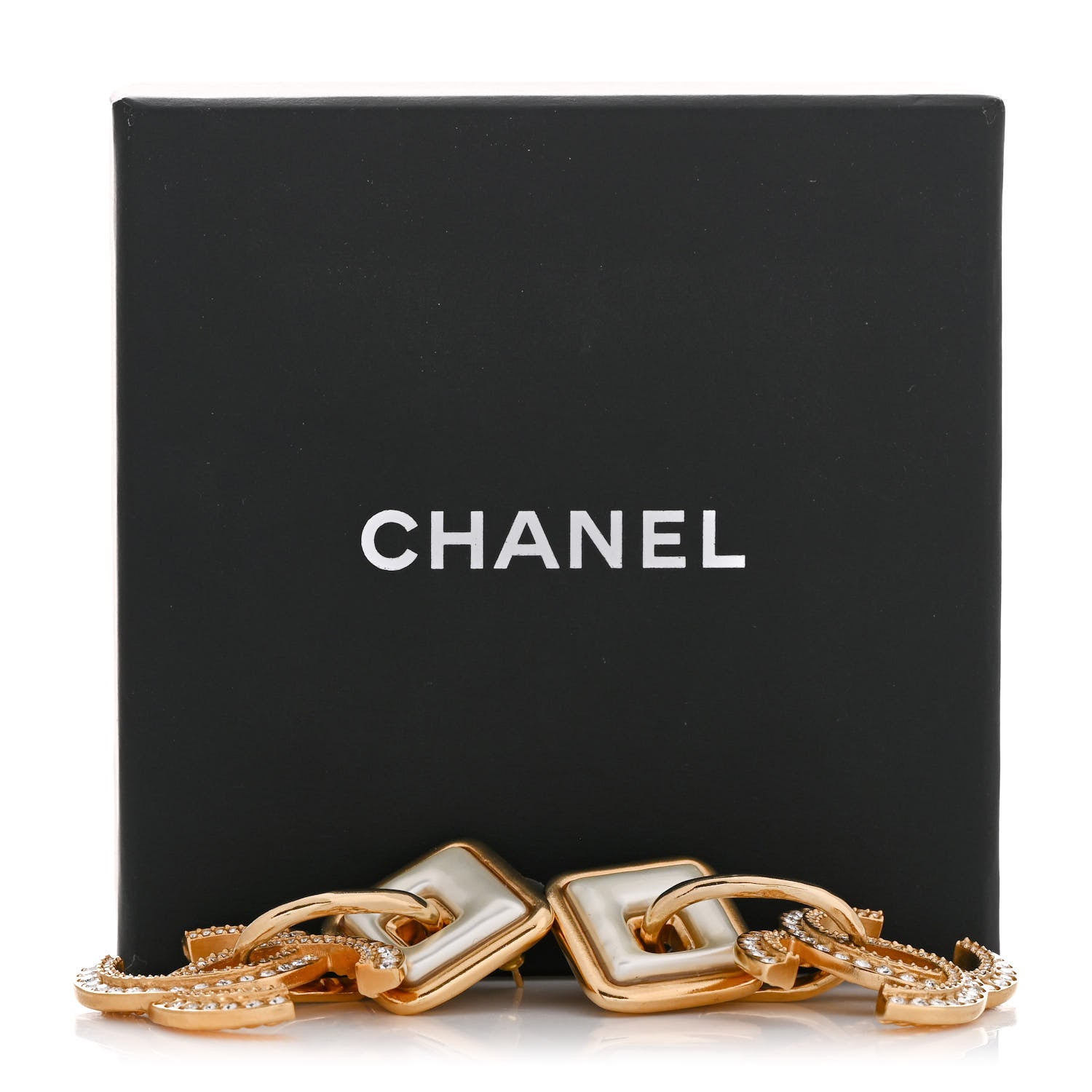 Chanel Crystal Pearl CC Square Drop Earrings Gold Pearly White 5 of 5