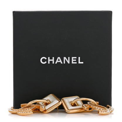 Chanel Crystal Pearl CC Square Drop Earrings Gold Pearly White 5 of 5