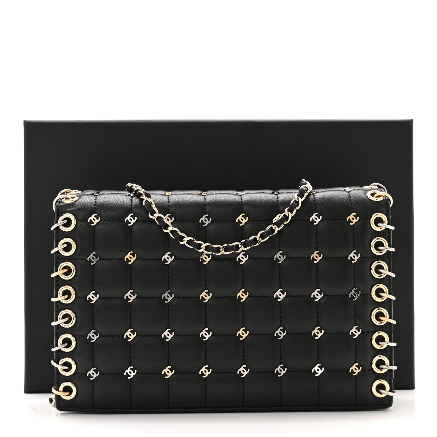 Lambskin Chocolate Bar Piercing CC Studded Small Chain Flap Bag Black
