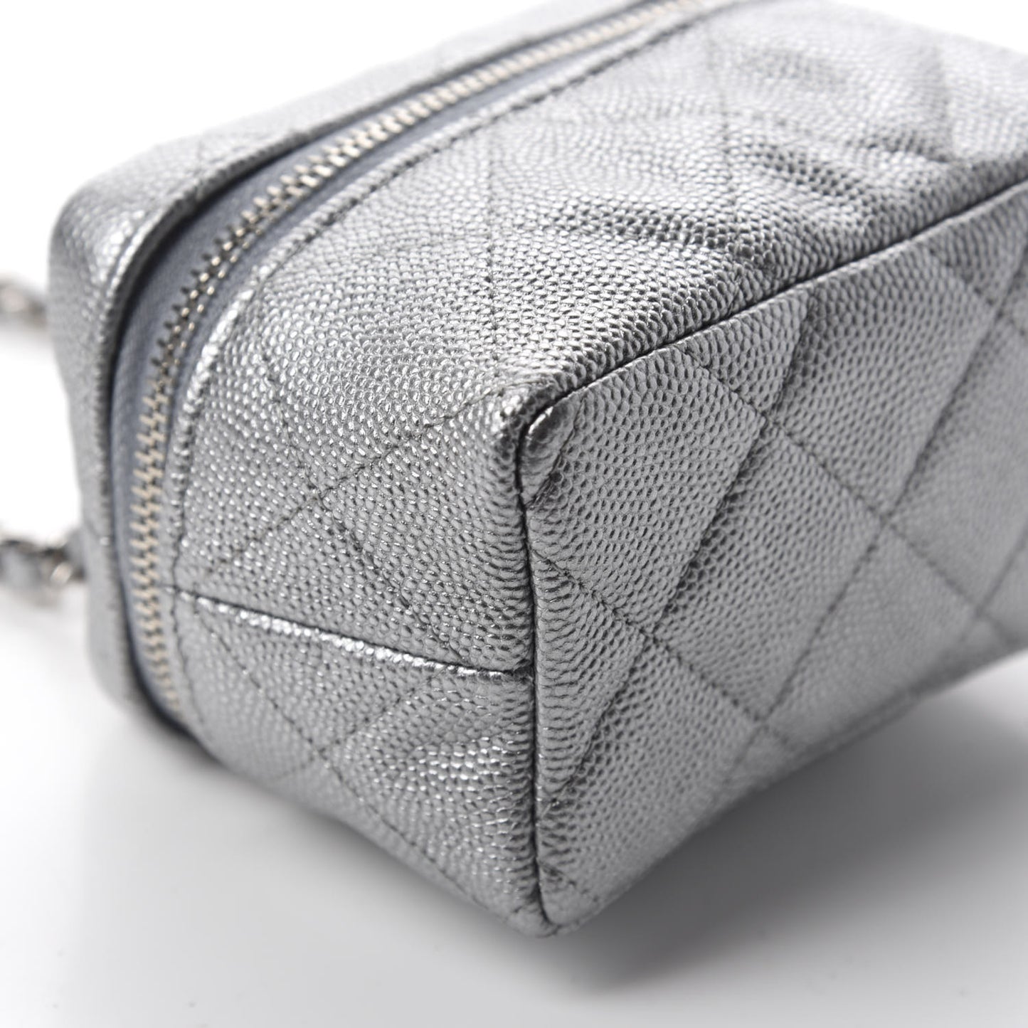 Metallic Caviar Quilted Mini Top Handle Vanity With Chain Silver