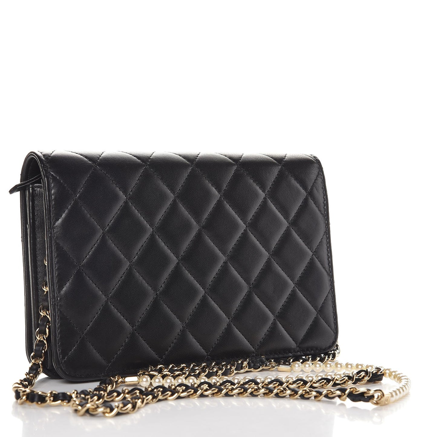 Lambskin Quilted Pearl Wallet On Chain WOC Black