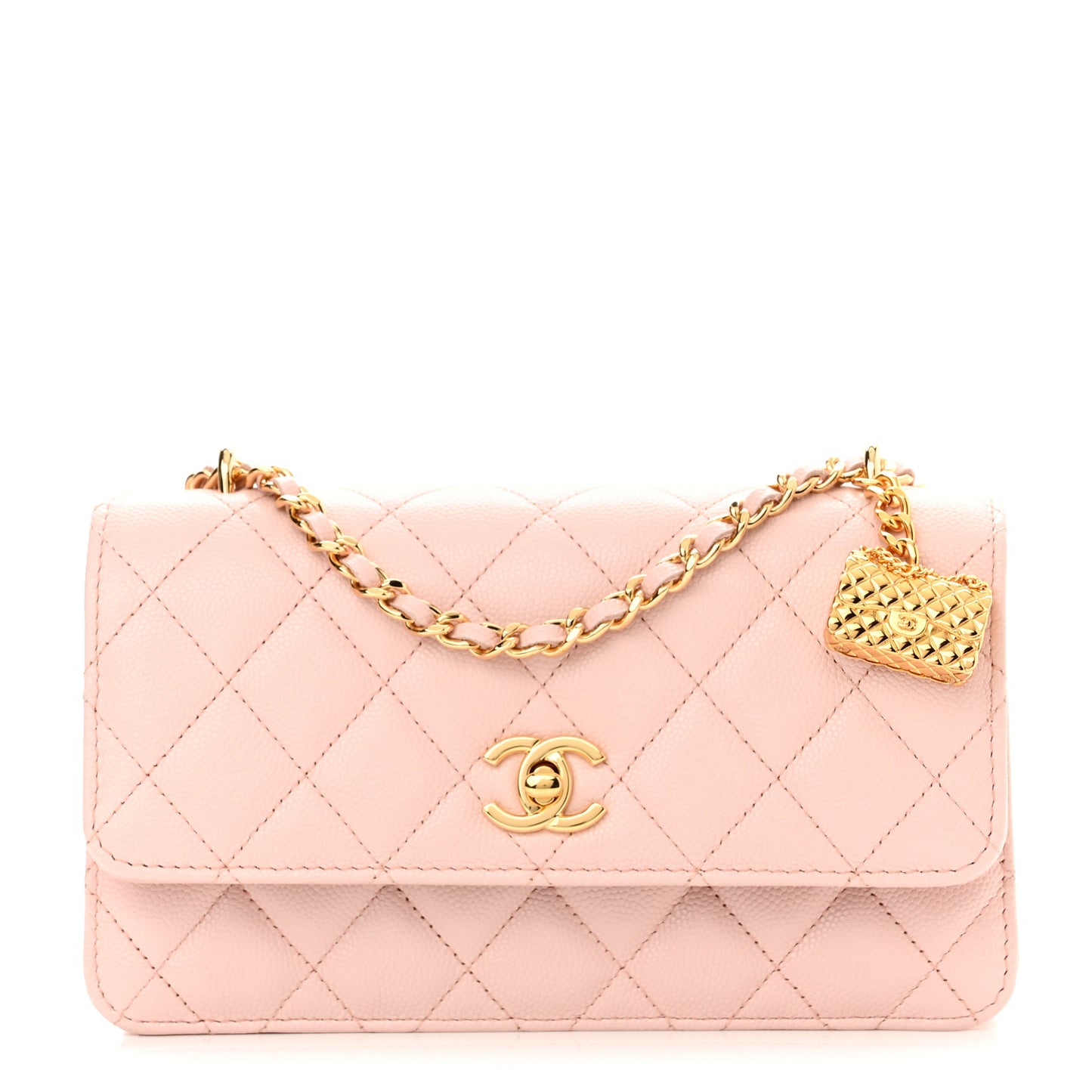Shiny Caviar Quilted Flap Charm Wallet On Chain WOC Light Pink