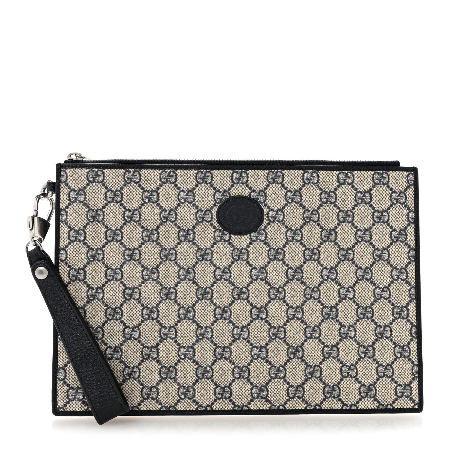 Gucci GG Supreme Monogram Textured Dollar Calfskin Retro Interlocking G Wristlet Pouch Beige Blue 1 of 10