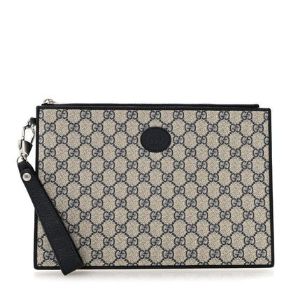 Gucci GG Supreme Monogram Textured Dollar Calfskin Retro Interlocking G Wristlet Pouch Beige Blue 1 of 10