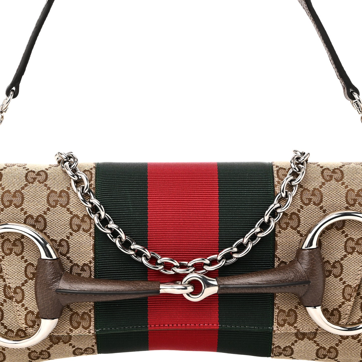 Monogram Textured Dollar Calfskin Heavy Grosgrain Web Medium Maxi Horsebit Chain Shoulder Bag Beige Ebony New Acero