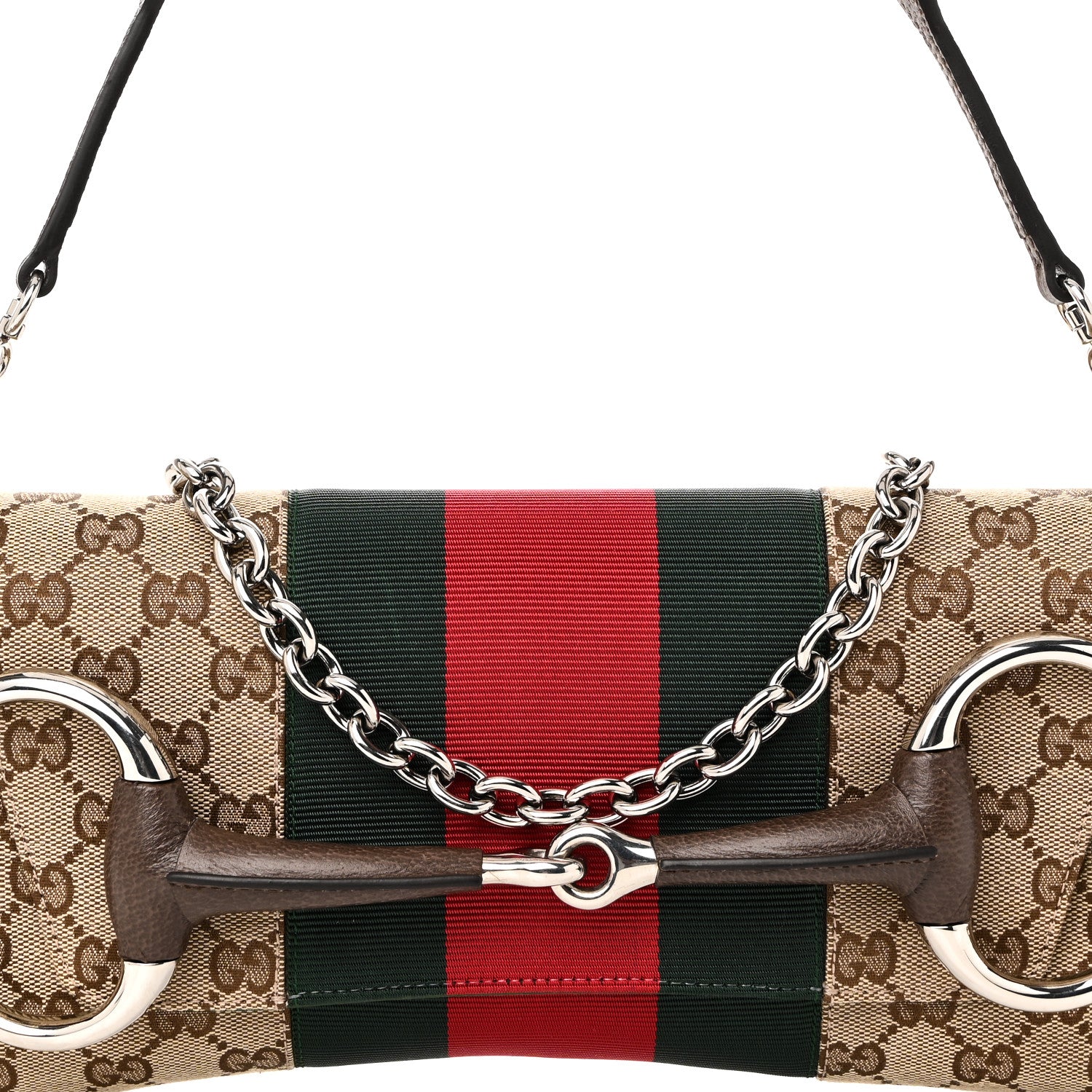 Gucci Monogram Textured Dollar Calfskin Heavy Grosgrain Web Medium Maxi Horsebit Chain Shoulder Bag Beige Ebony New Acero 7 of 9
