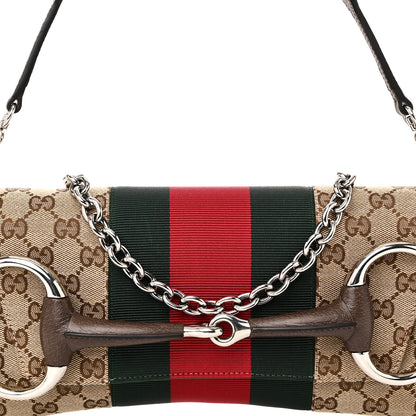 Gucci Monogram Textured Dollar Calfskin Heavy Grosgrain Web Medium Maxi Horsebit Chain Shoulder Bag Beige Ebony New Acero 7 of 9