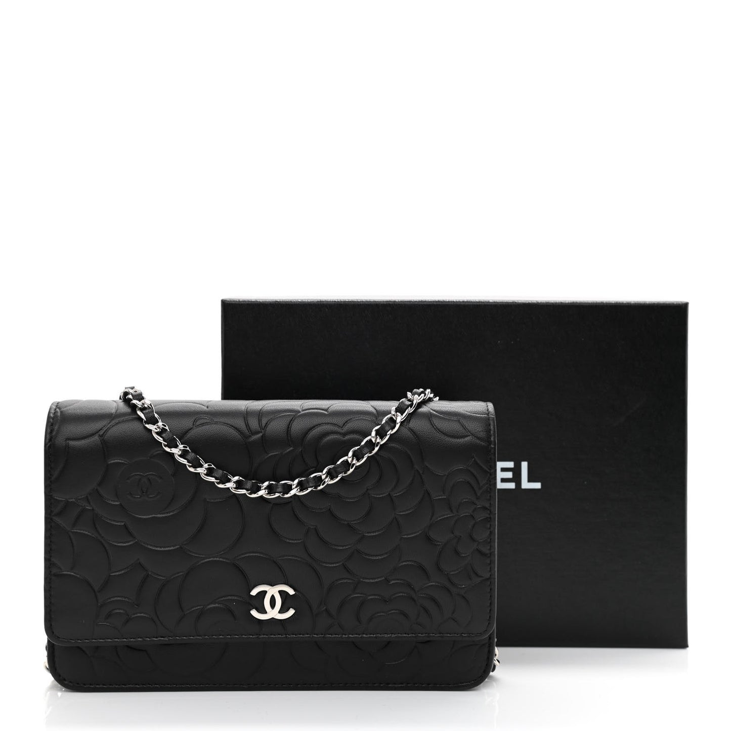 Lambskin Camellia Embossed Wallet on Chain WOC Black