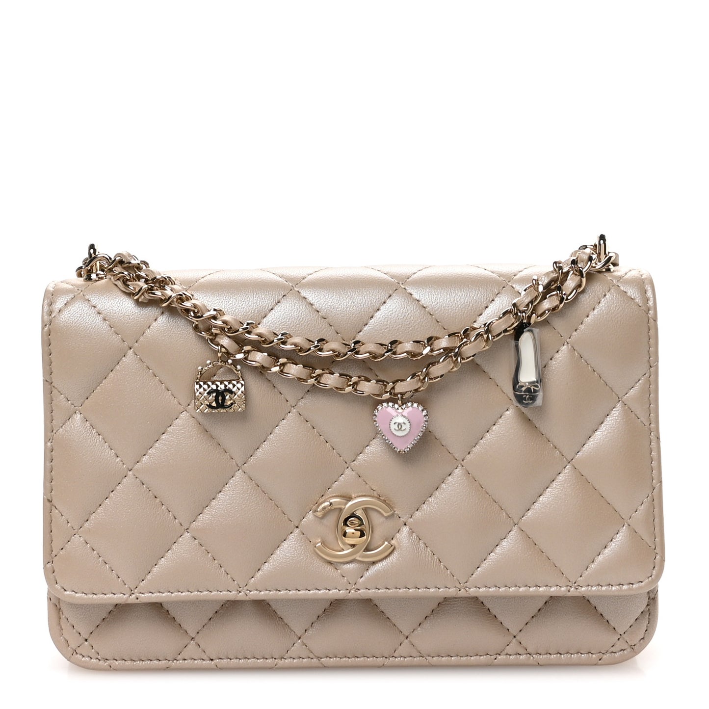 Pearly Lambskin Quilted Charms Wallet On Chain WOC Beige