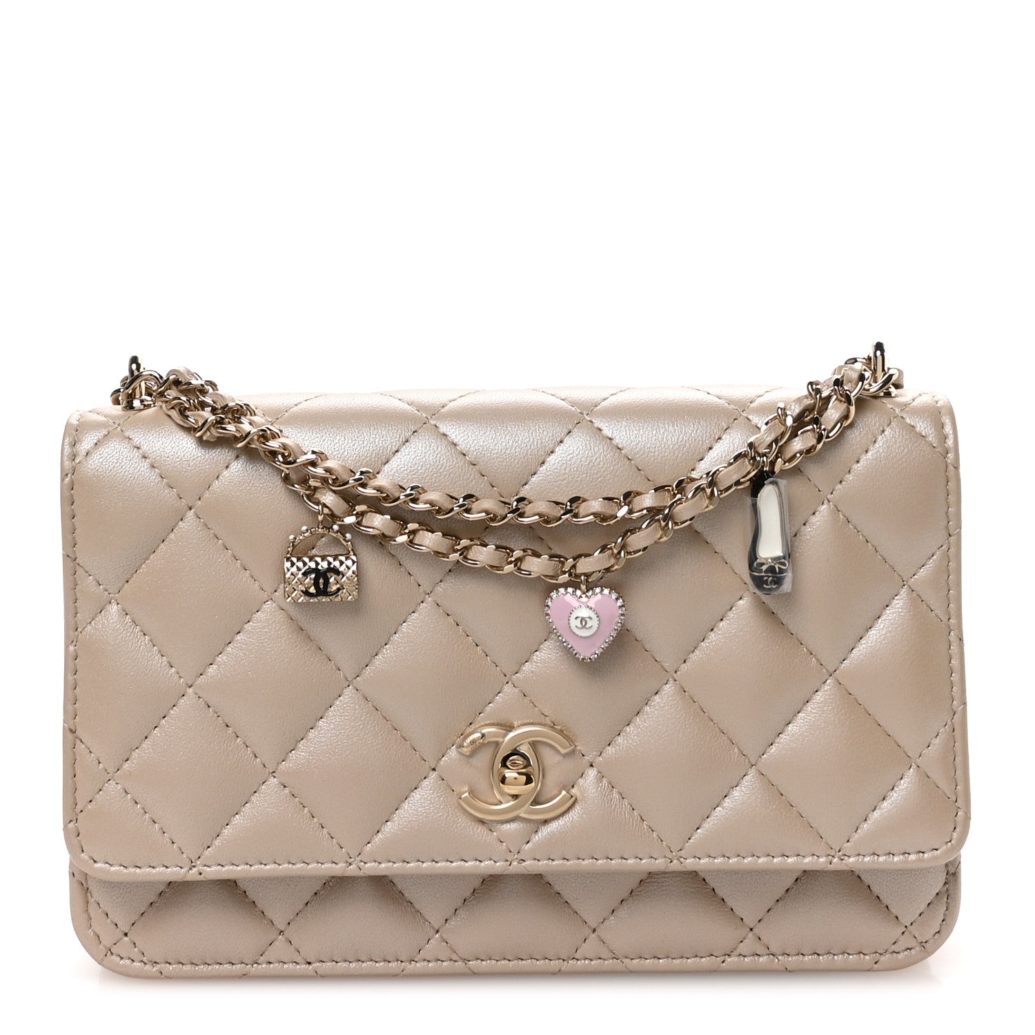 Chanel Pearly Lambskin Quilted Charms Wallet On Chain WOC Beige 1 of 12