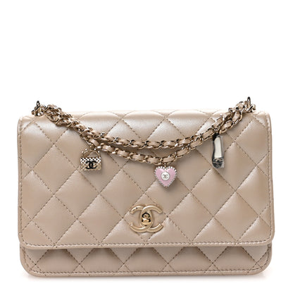 Chanel Pearly Lambskin Quilted Charms Wallet On Chain WOC Beige 1 of 12