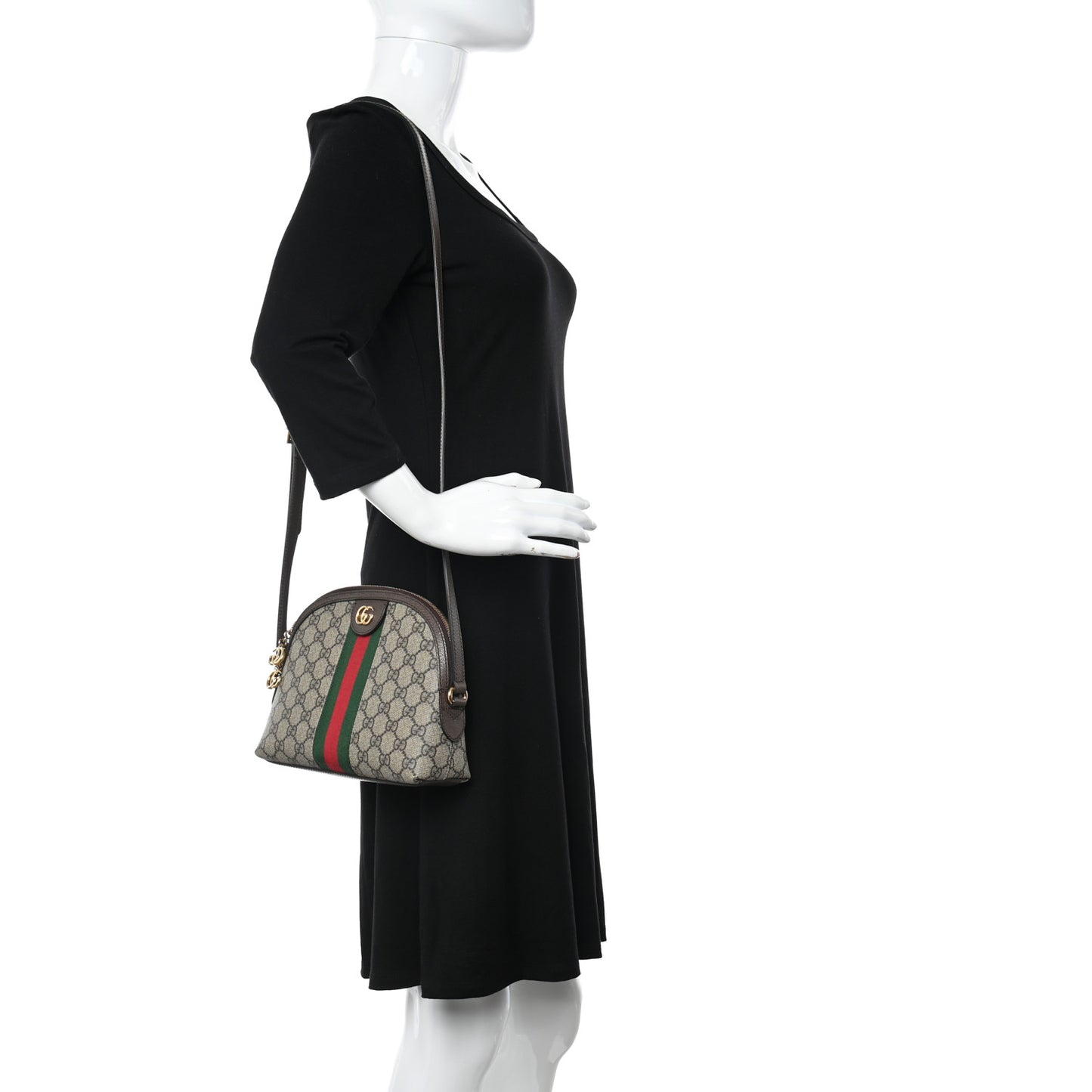 GG Supreme Monogram Textured Dollar Calfskin Web Small Ophidia Dome Shoulder Bag Beige Ebony New Acero