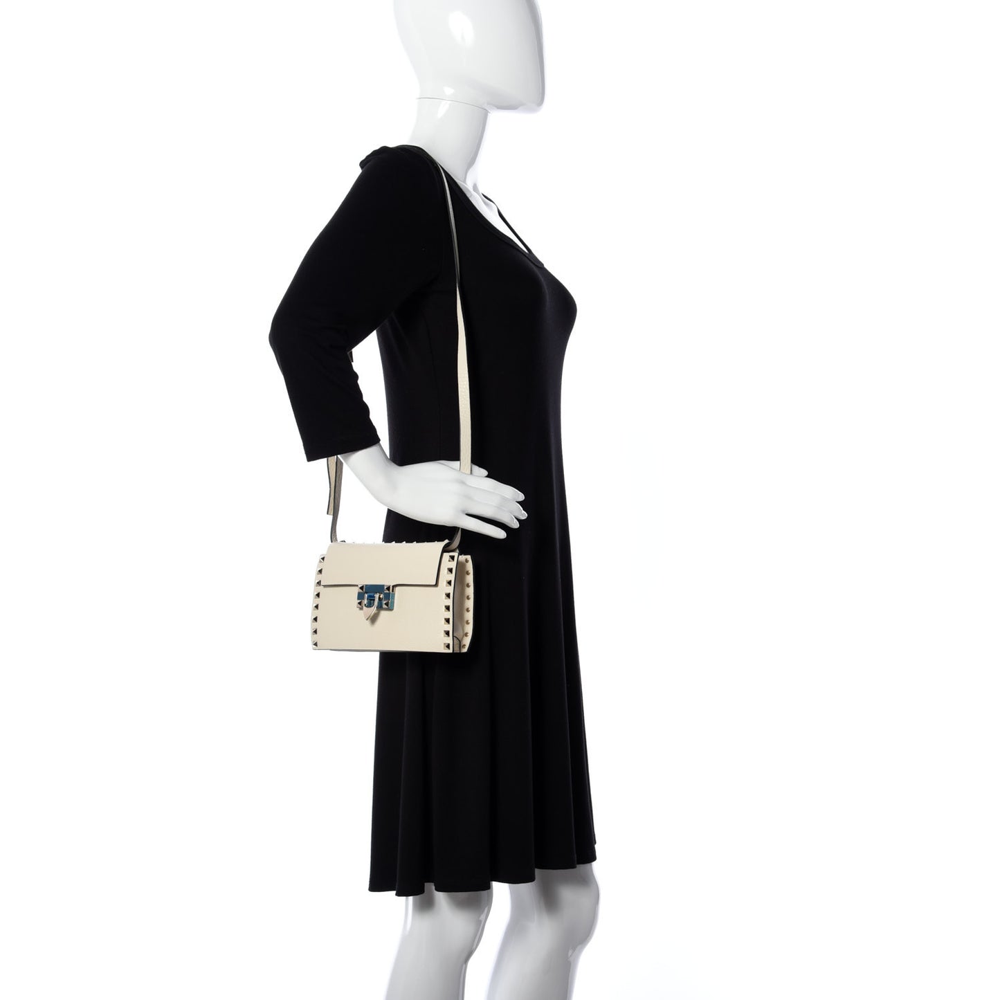 Pebbled Calfskin Small Rockstud Overlay Flap Shoulder Bag Light Ivory