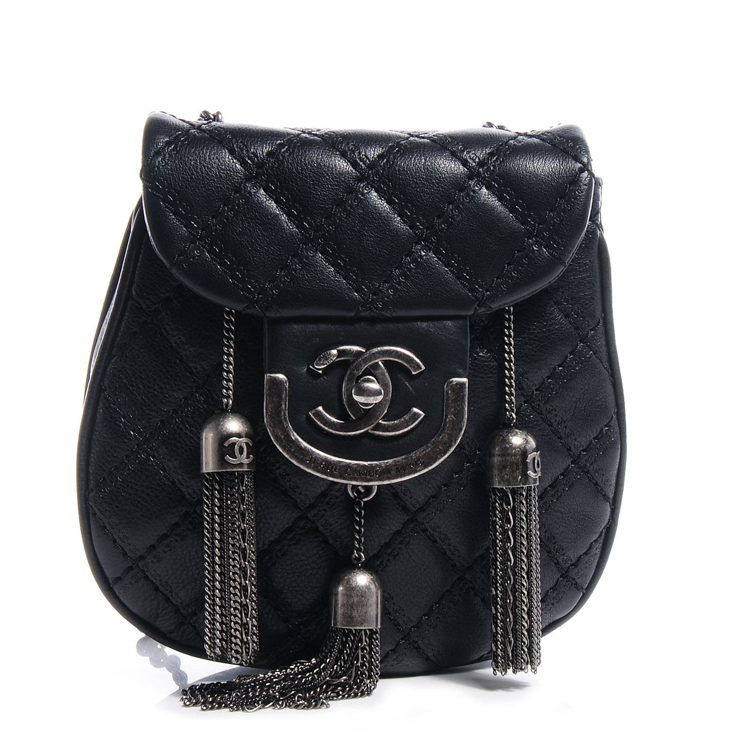 Calfskin Quilted Coco Sporran Small Tassel Flap Black