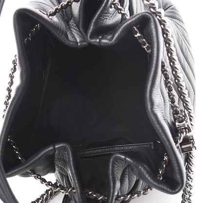 Chanel Deerskin Chevron Small CC Chain Bucket Drawstring Bag Black 5 of 10