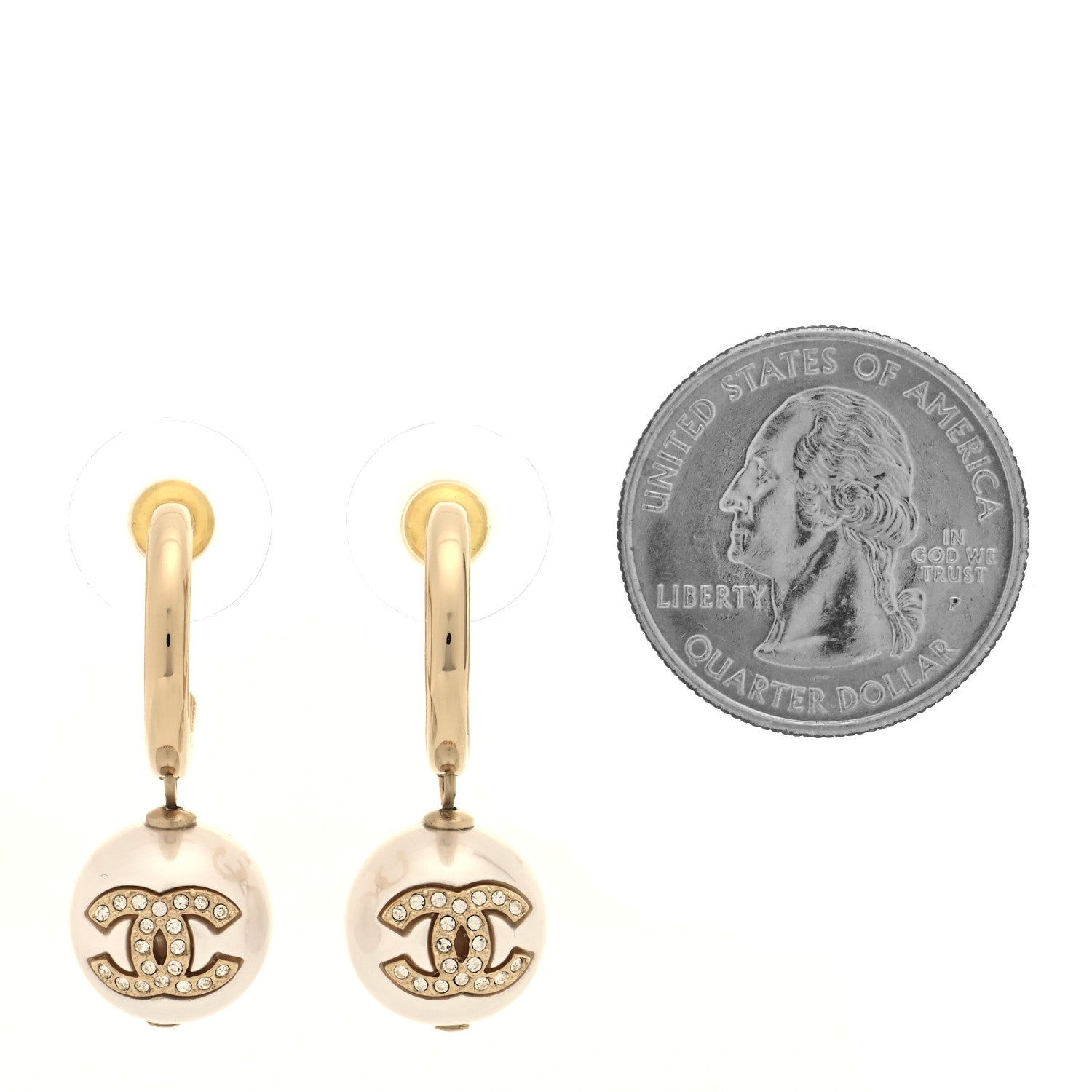 Chanel Pearl Crystal CC Drop Earrings Gold Pearly White 2 of 4