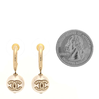 Chanel Pearl Crystal CC Drop Earrings Gold Pearly White 2 of 4