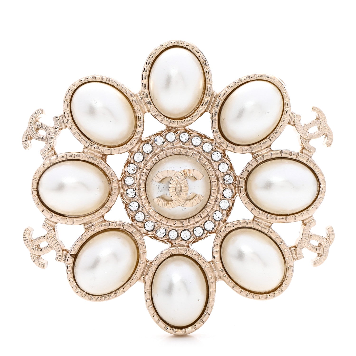 Chanel Pearl Crystal CC Brooch Pearly White Gold 1 of 5