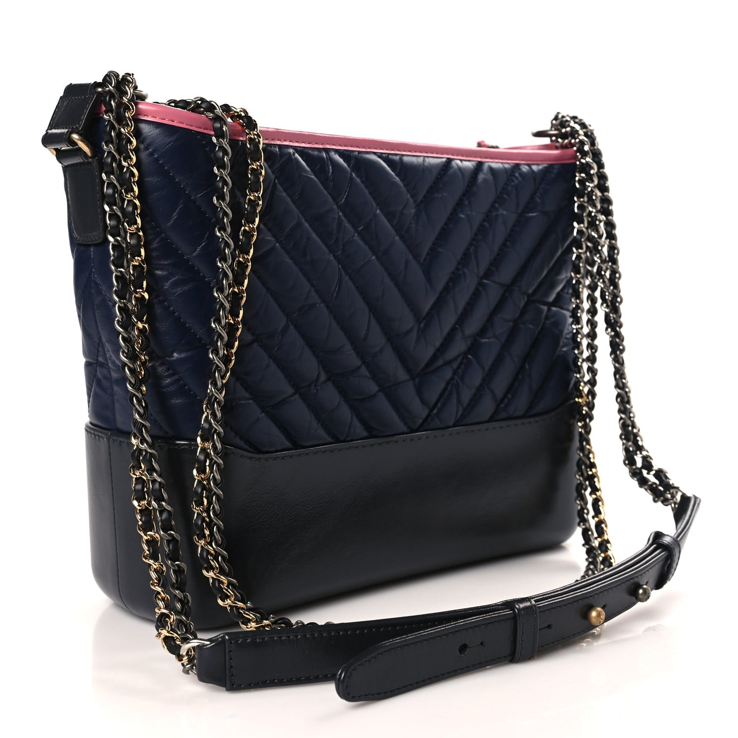 Aged Calfskin Chevron Quilted Medium Gabrielle Hobo Navy Black Pink
