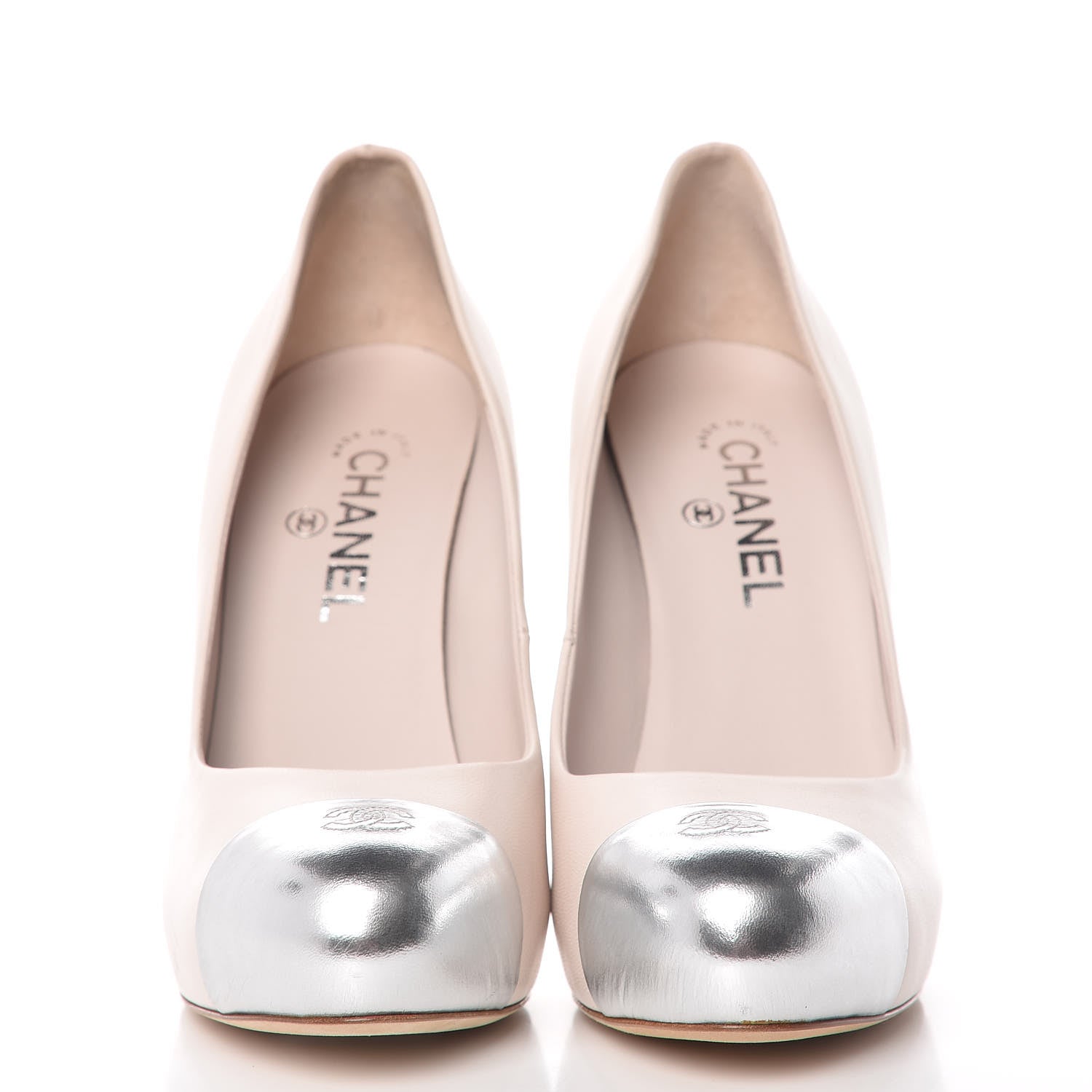 Chanel Lambskin Metallic Cap Toe CC Pumps 40 Beige Silver 2 of 10