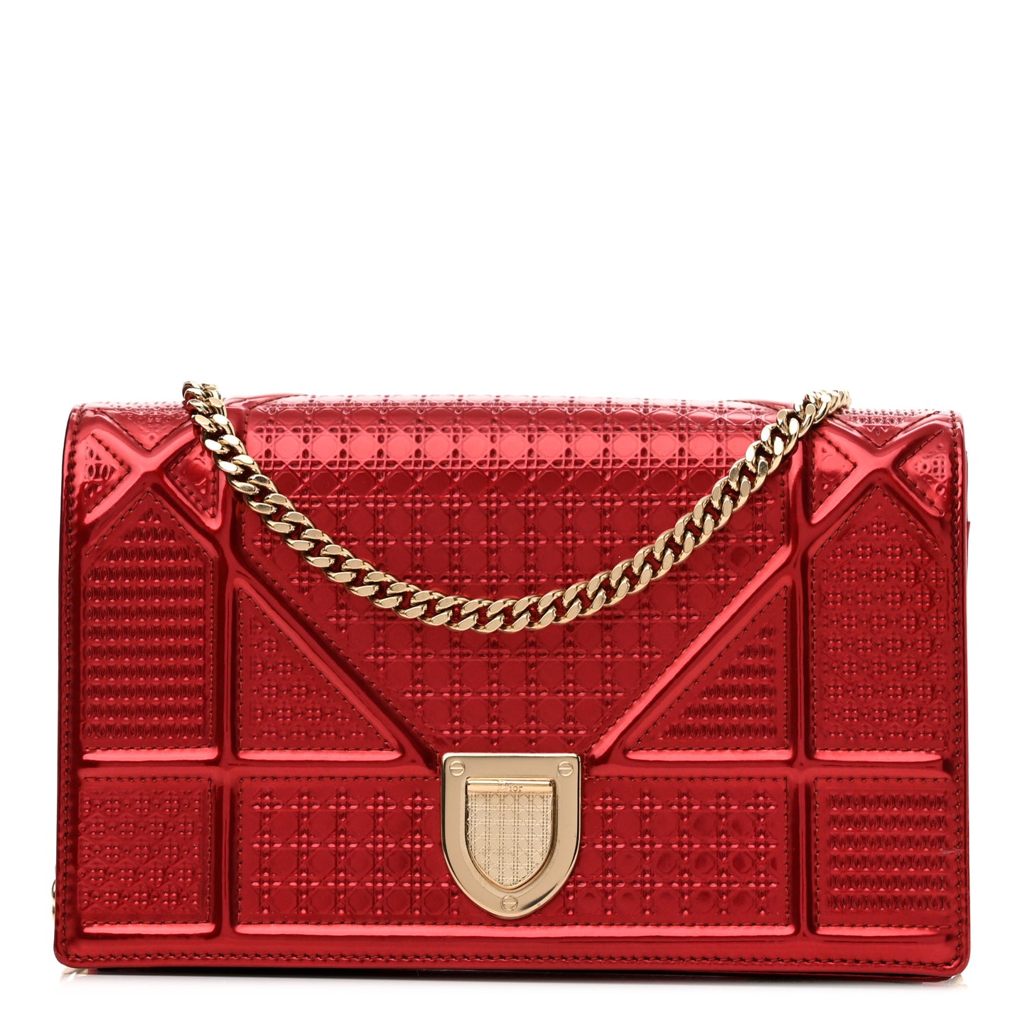 Metallic Patent Micro-Cannage Diorama Wallet on Chain Pouch Red