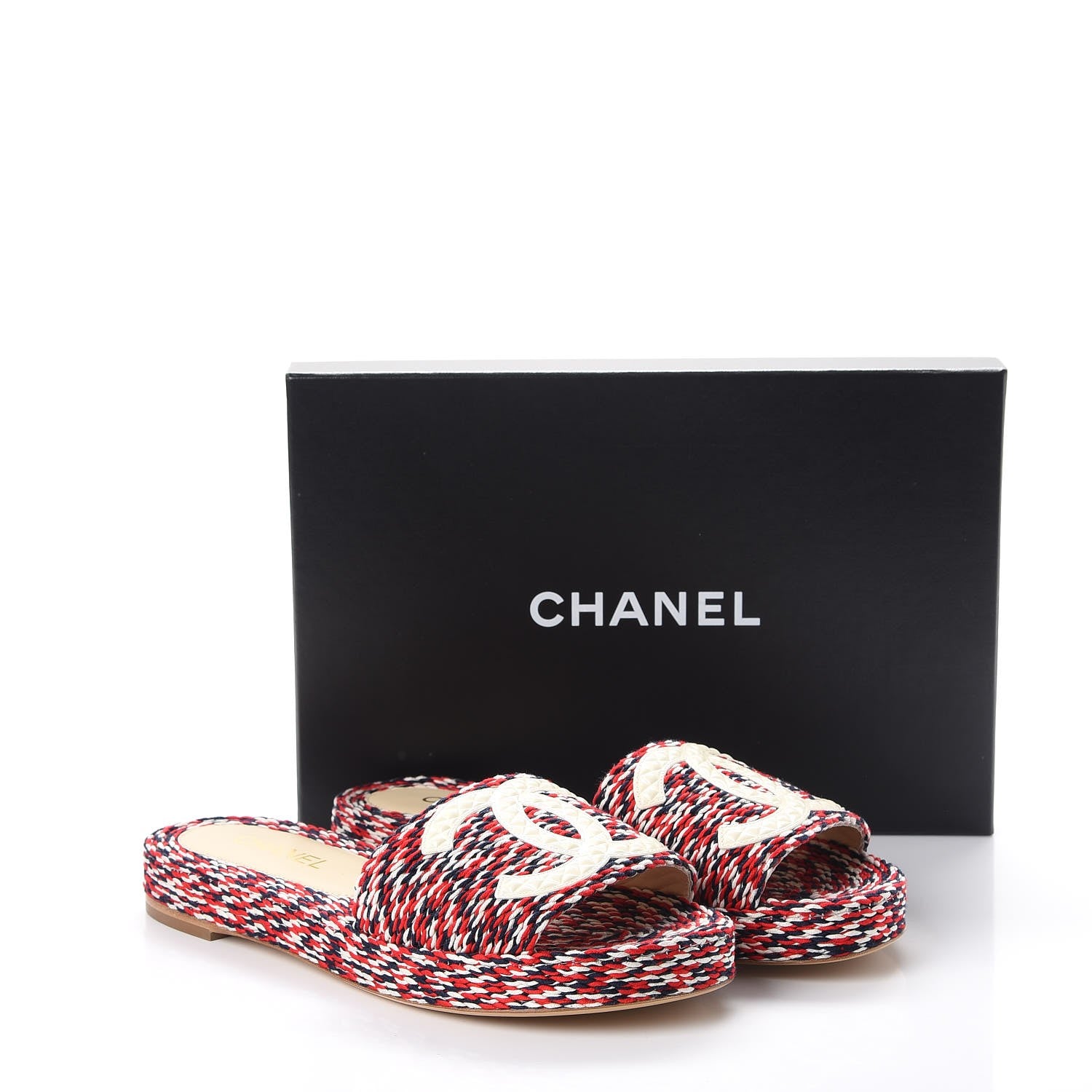 Chanel Cord CC Espadrille Slip On Sandals 41 Red Blue White 10 of 10