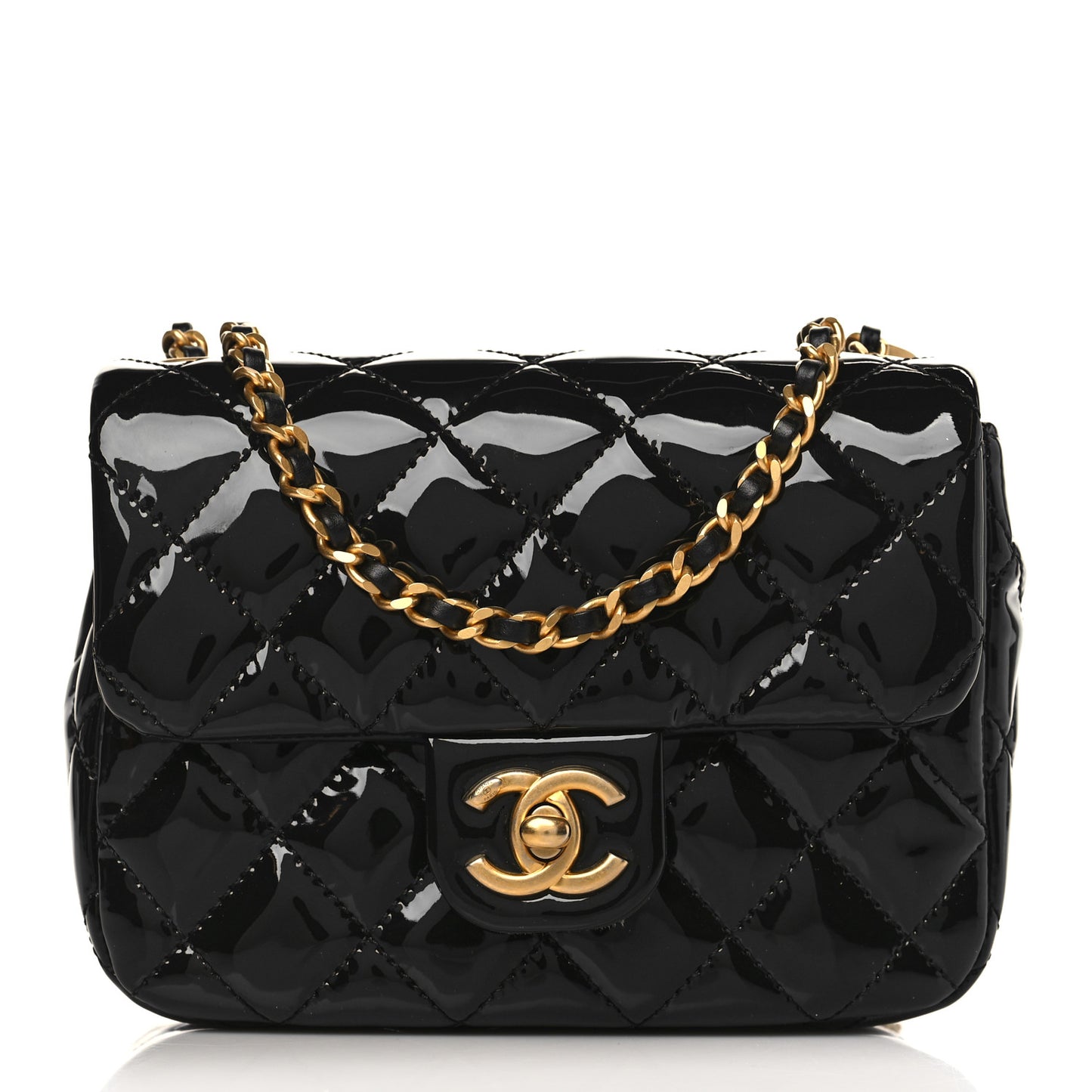 Patent Enamel Quilted Mini Coco Hearts Square Flap Black