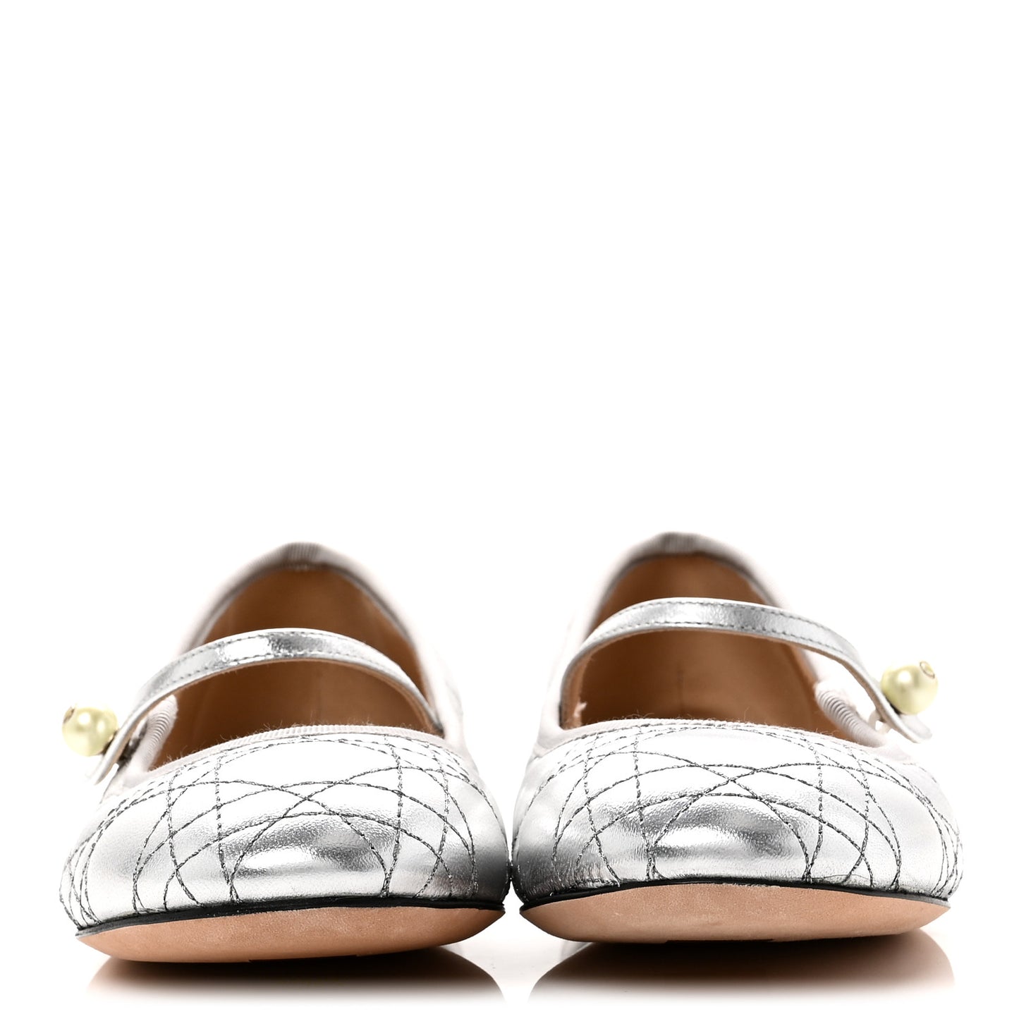 Metallic Lambskin Cannage Pearl Ballet Flats 38.5 Steel
