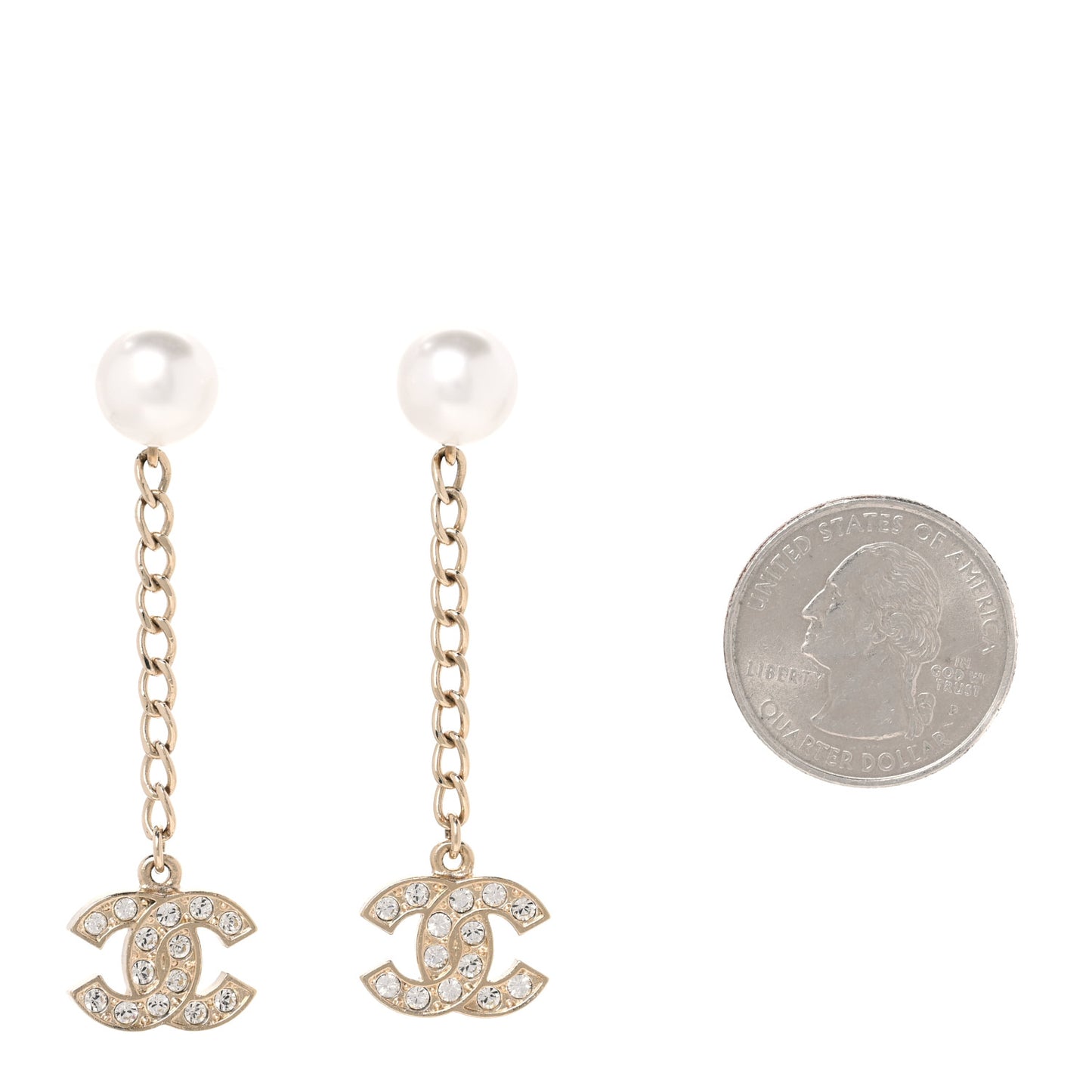 Pearl Crystal CC Long Drop Earrings Gold
