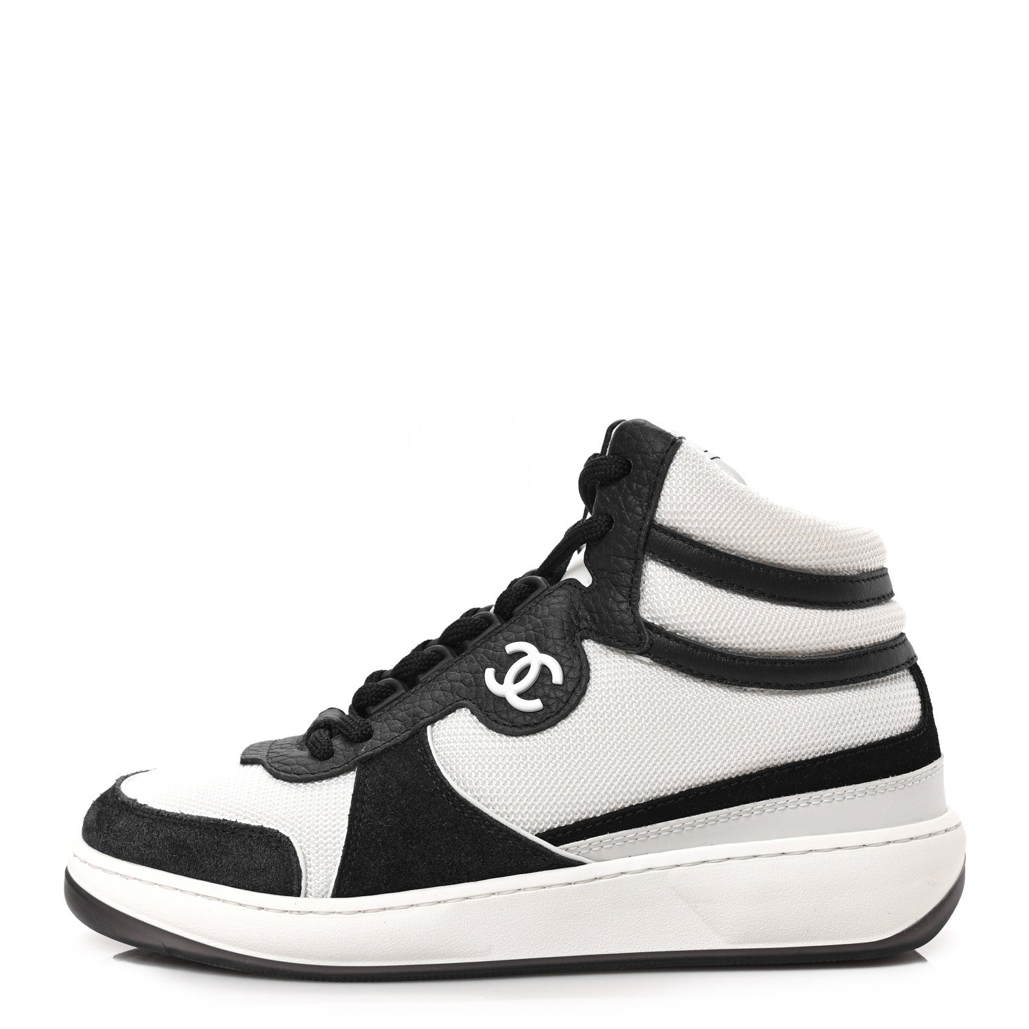 Chanel Suede Fabric Grained Calfskin Womens CC High Top Sneakers 35 White Navy 1 of 8
