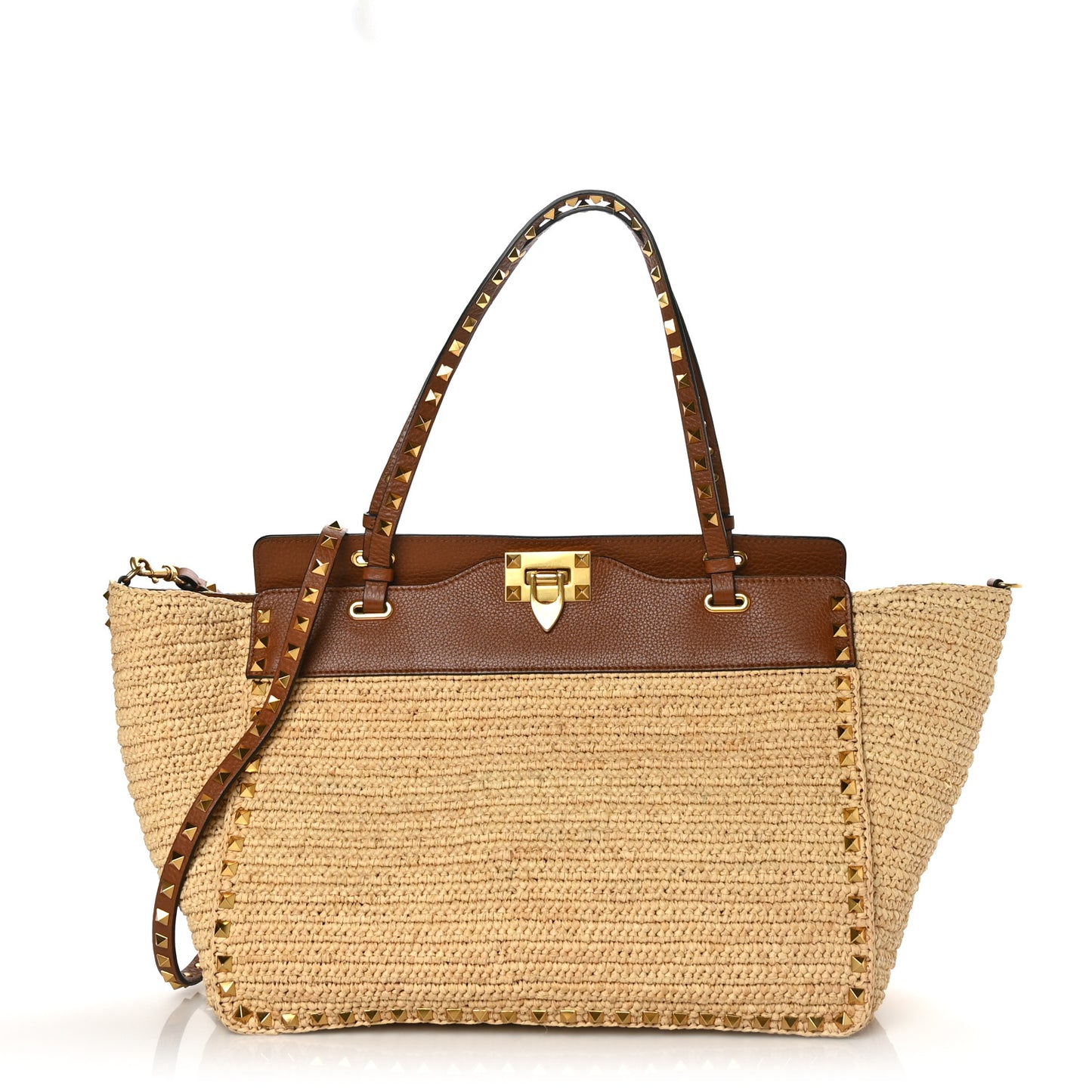 Raffia Calfskin Rockstud Tote Naturale Saddle Brown