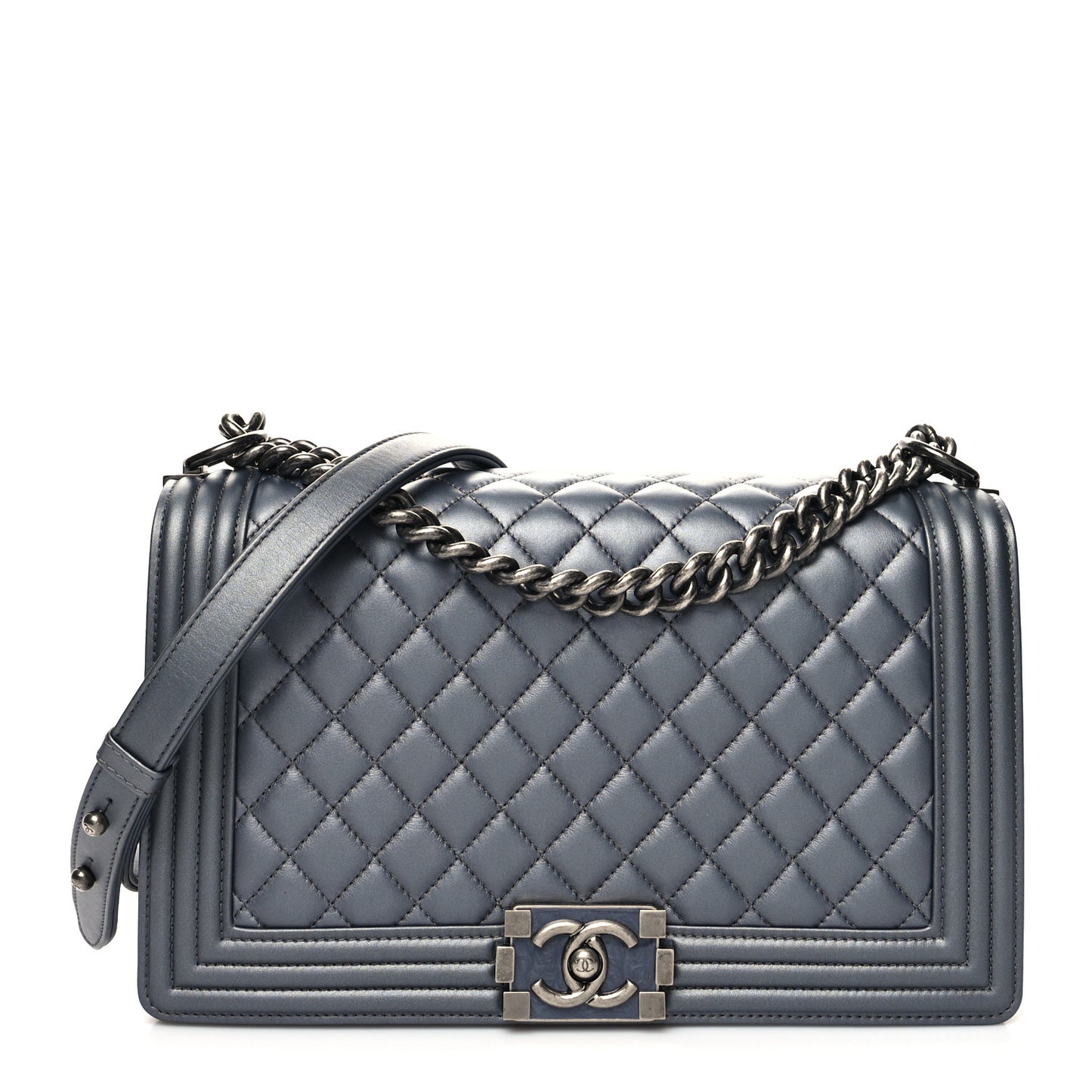 Metallic Calfskin Quilted New Medium Boy Flap Dark Silver
