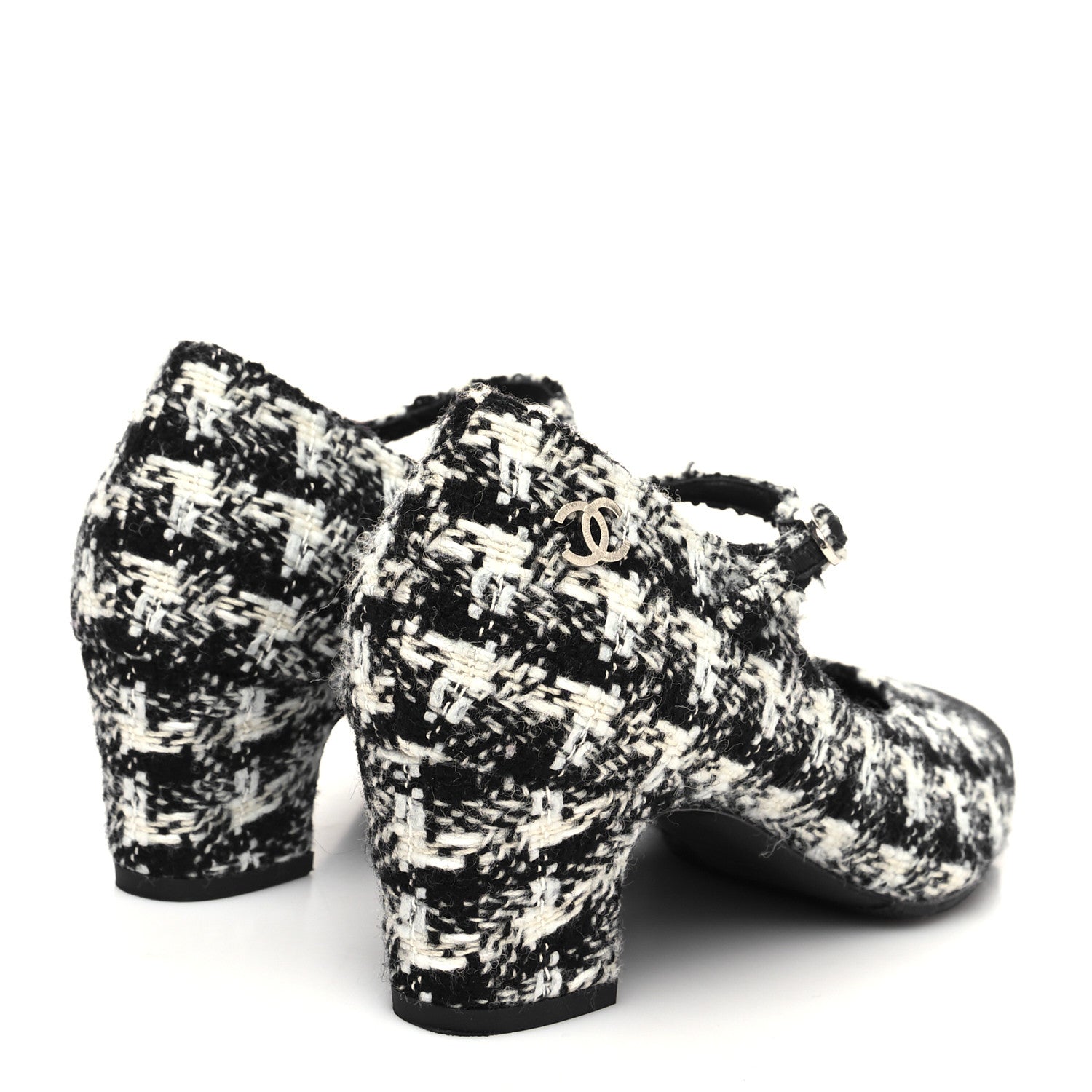Chanel Tweed Grosgrain Cap Toe Mary Jane Mid Heel Strap Pumps 39.5 White Black 4 of 8