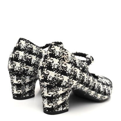 Chanel Tweed Grosgrain Cap Toe Mary Jane Mid Heel Strap Pumps 39.5 White Black 4 of 8
