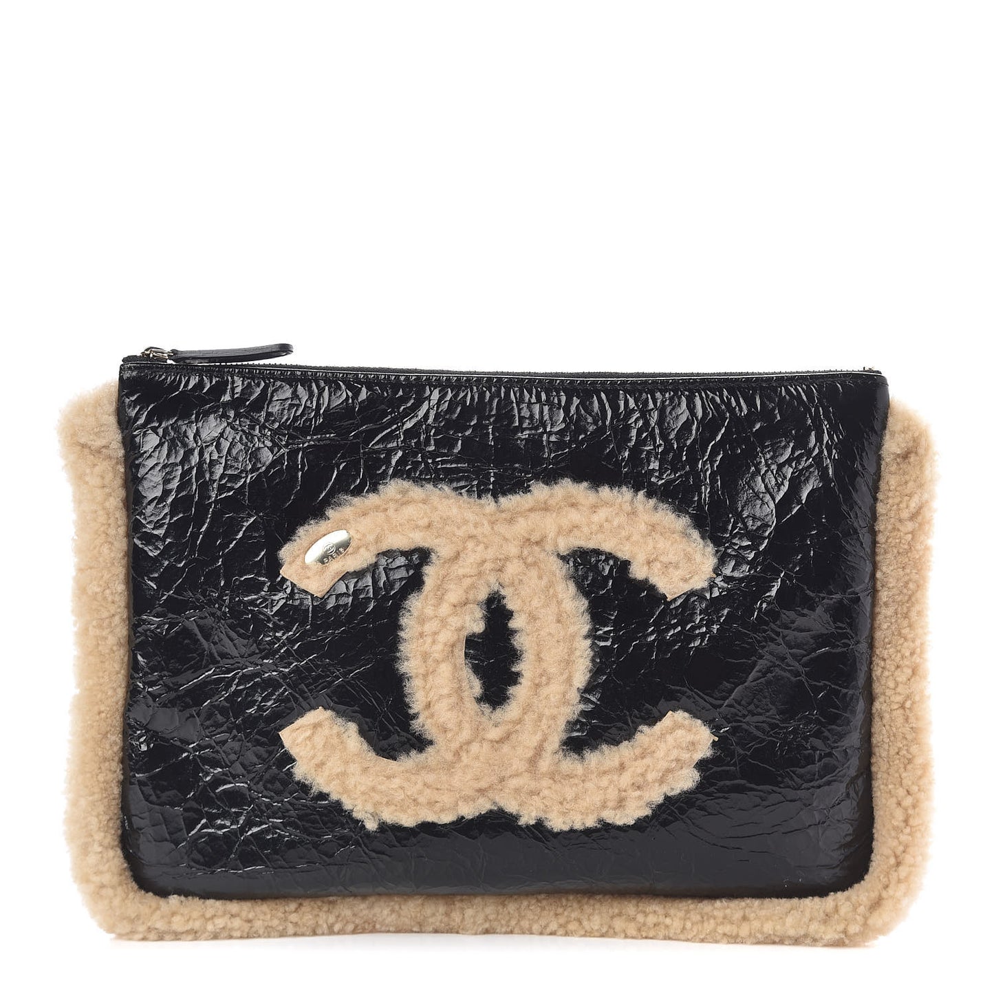 Shiny Crumpled Sheepskin Shearling Medium Cosmetic Case Black Beige