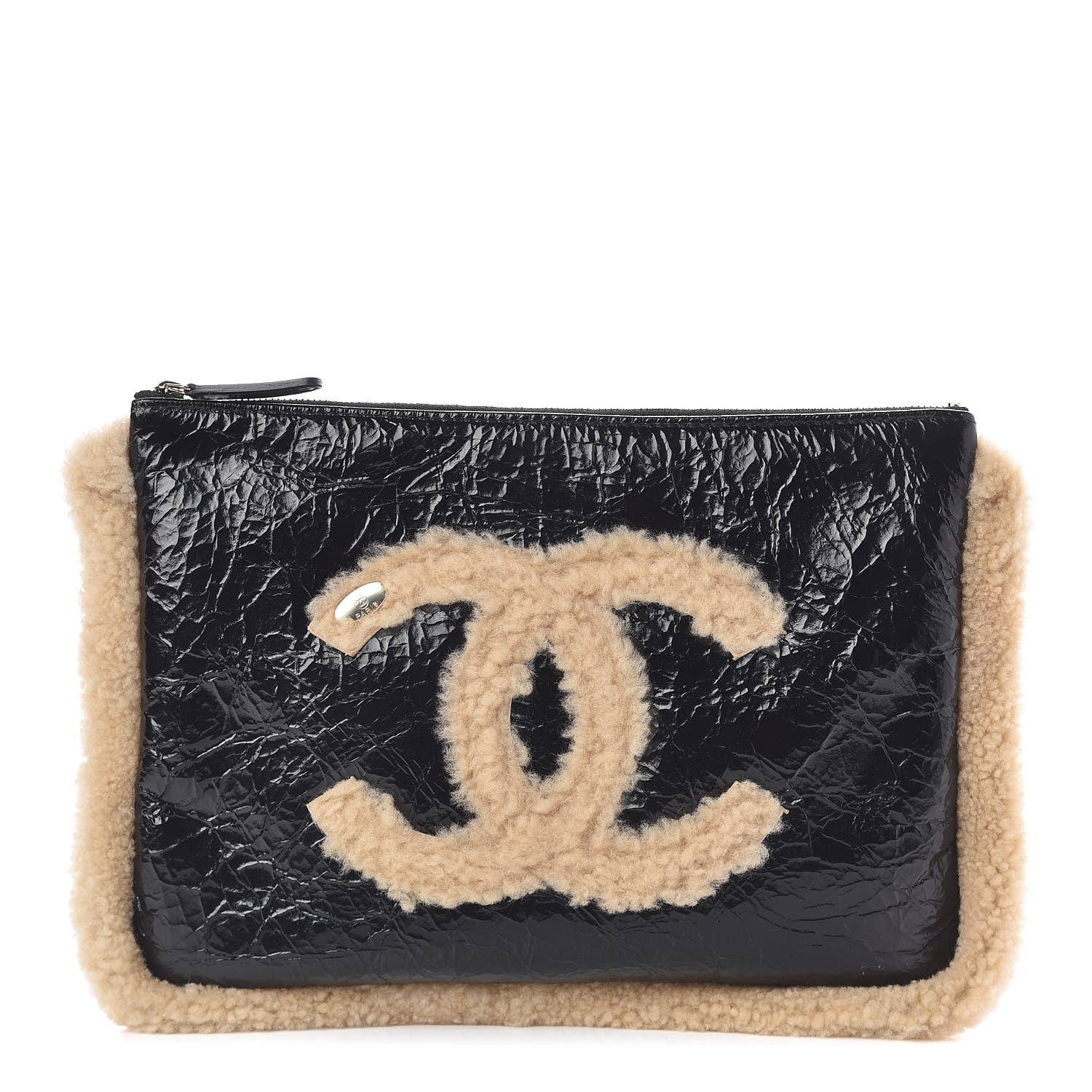 Chanel Shiny Crumpled Sheepskin Shearling Medium Cosmetic Case Black Beige 1 of 9