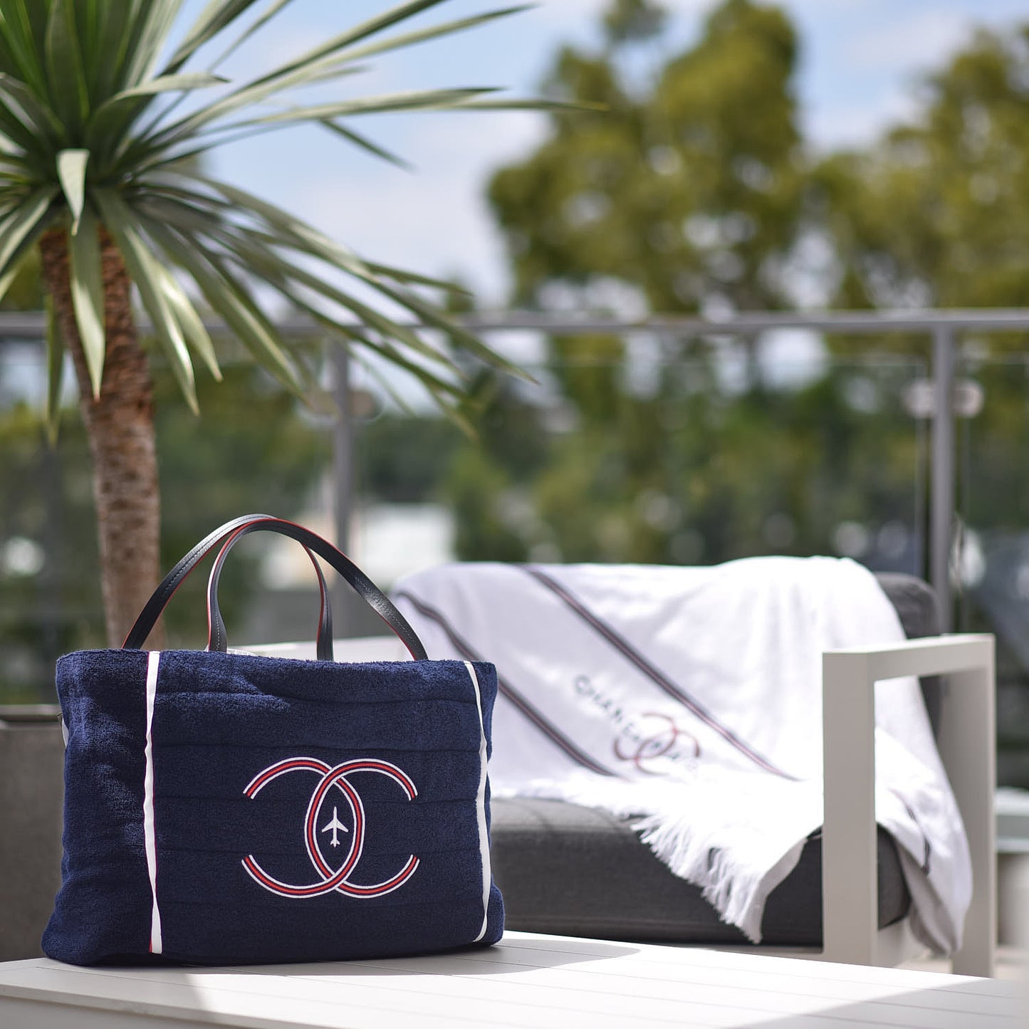 Nylon Terry Cloth Reversible Chanel Airlines Tote Silver Navy