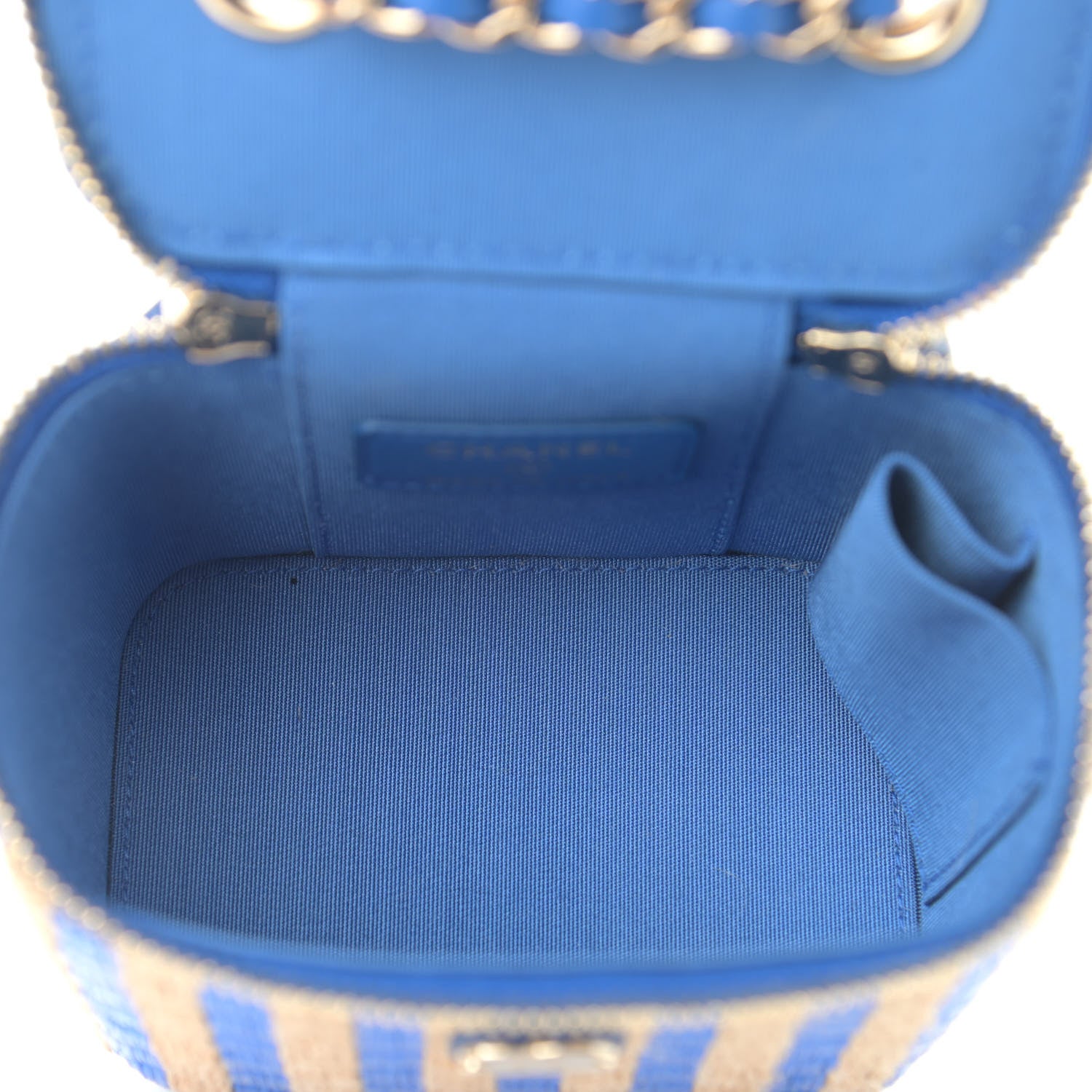 Chanel Raffia Jute Striped Mini Vanity Case With Chain Blue Beige 4 of 11
