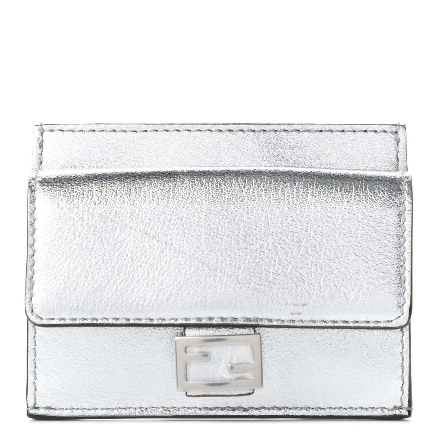 Vitello Catalan Mirror FF 1974 Embossed Fold Over Card Holder Wallet Argento